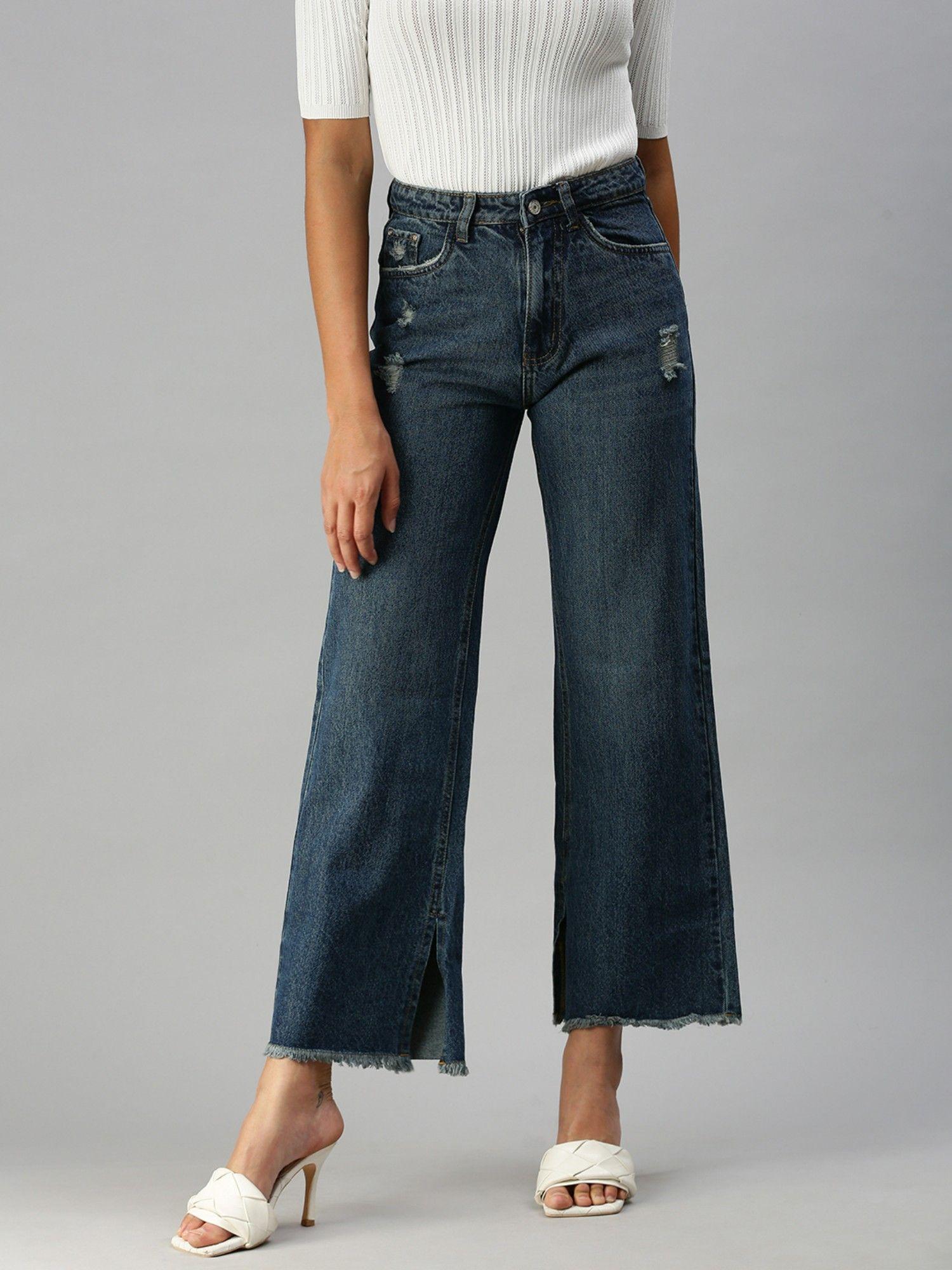 women mildly distressed blue wide leg denim jeans