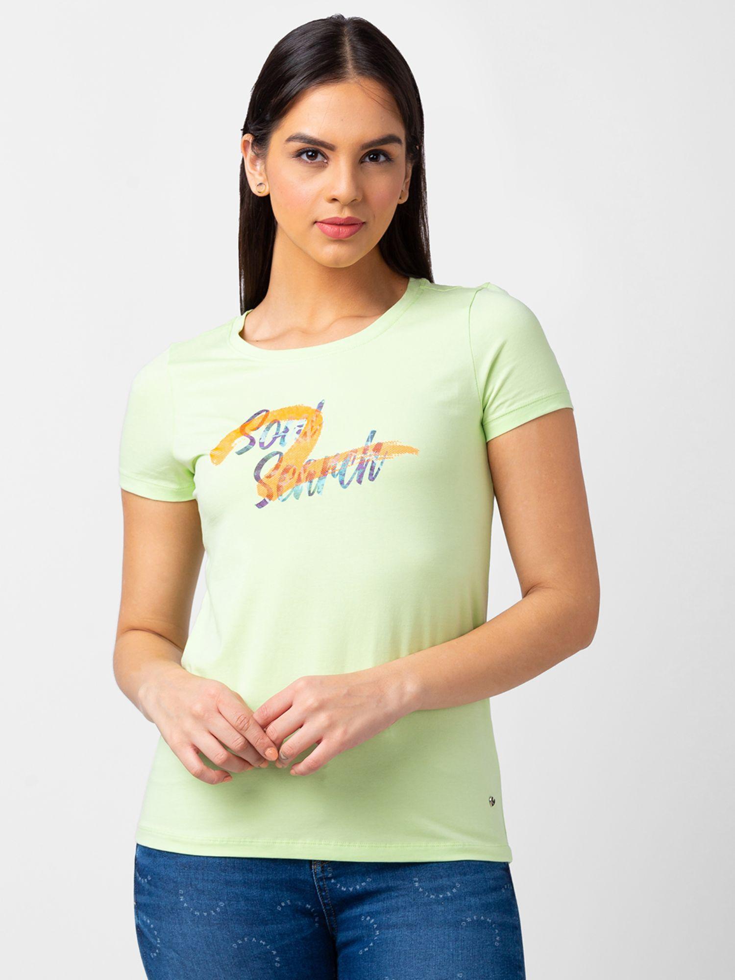 women mint green blended regular fit half sleeve printed t-shirt