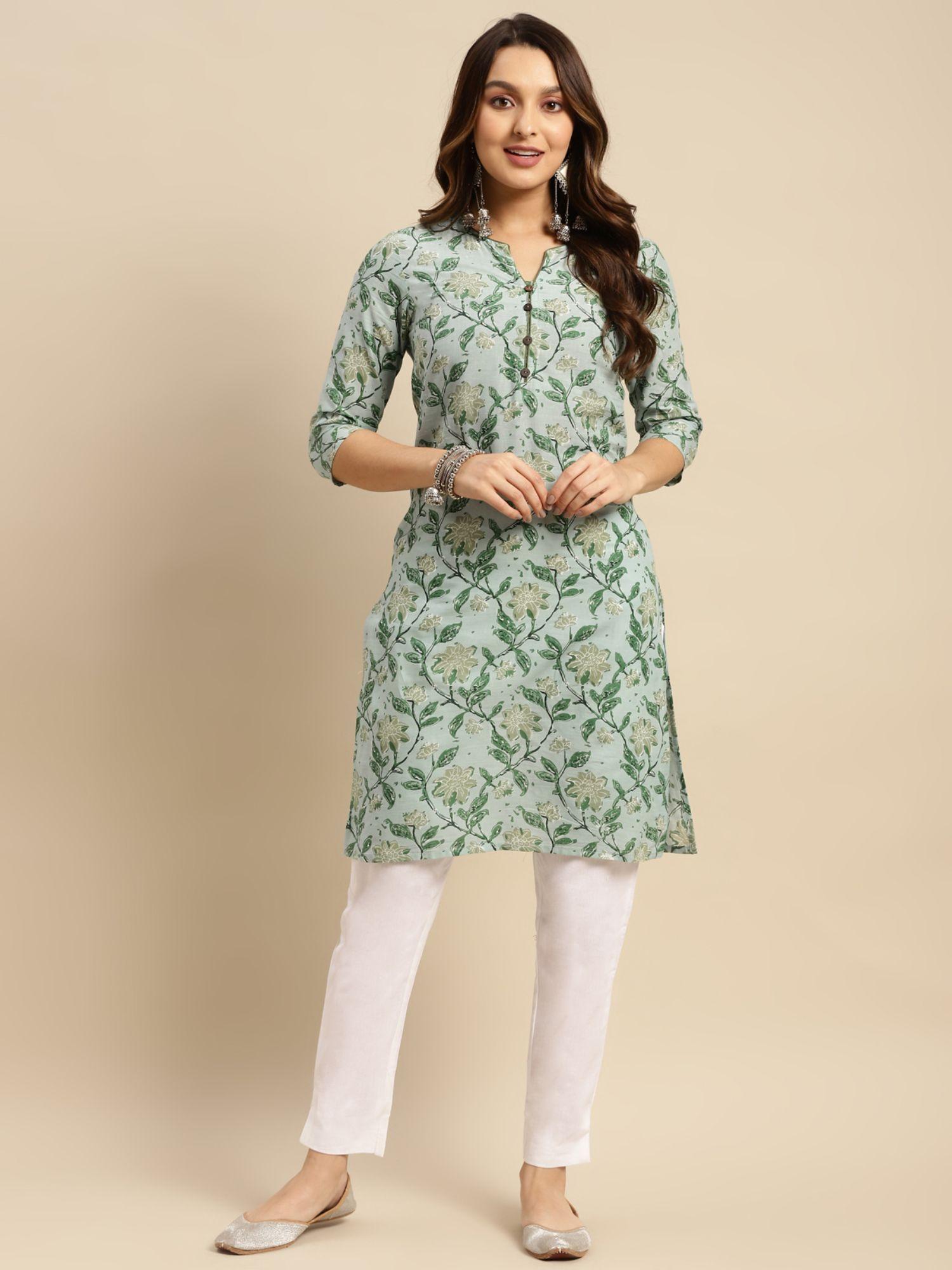 women mint green floral printed knee length straight kurta