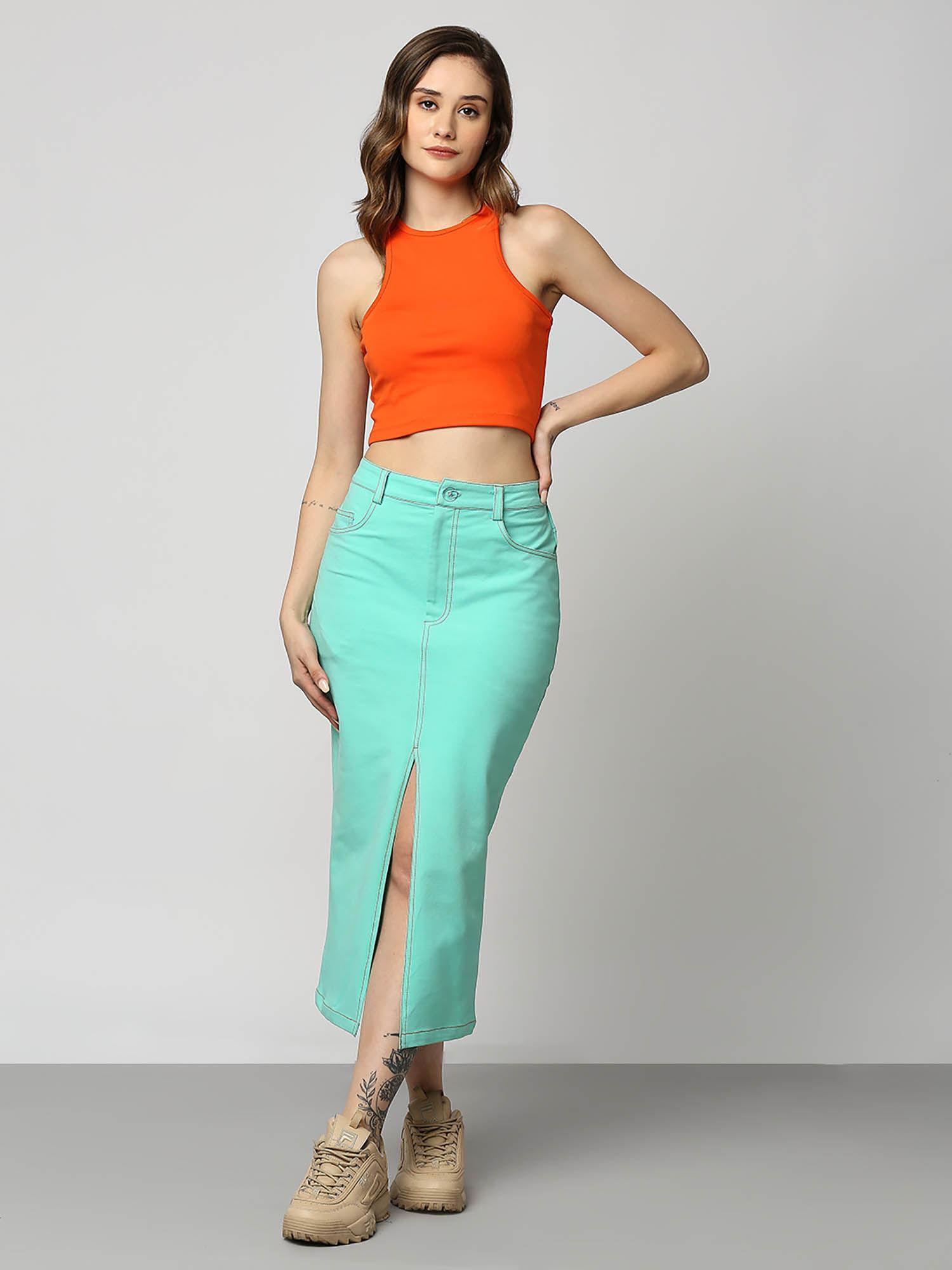 women mint green front slit contrast stitch detail skirt