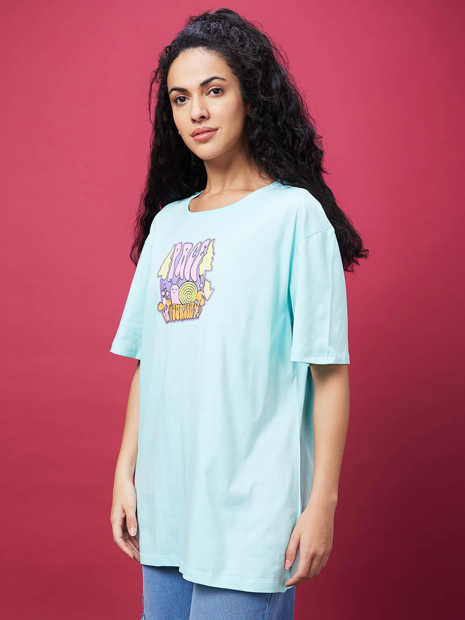 women mint green oversized graphic print cotton t-shirt