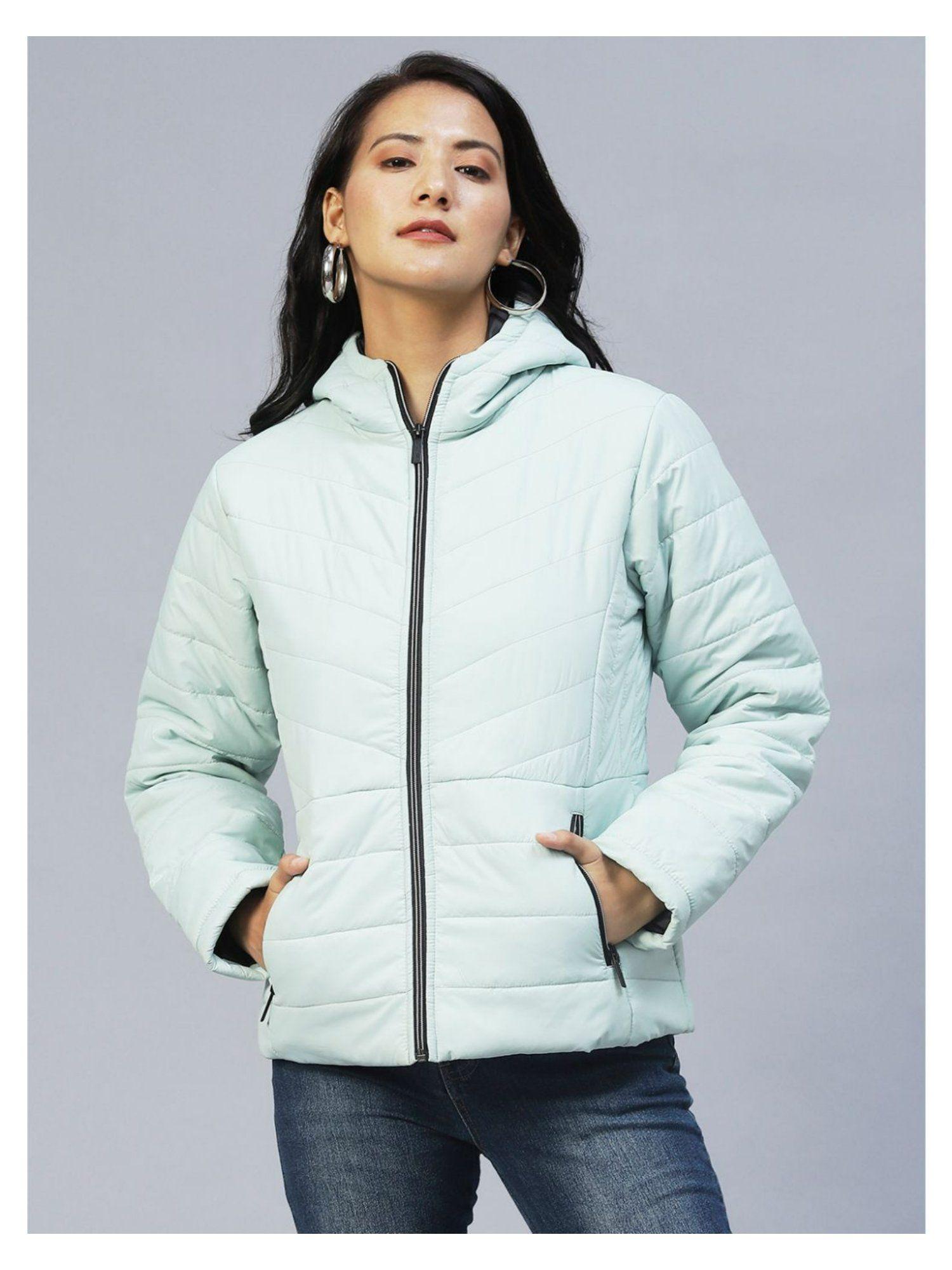 women mint green peplum cut puffer jacket