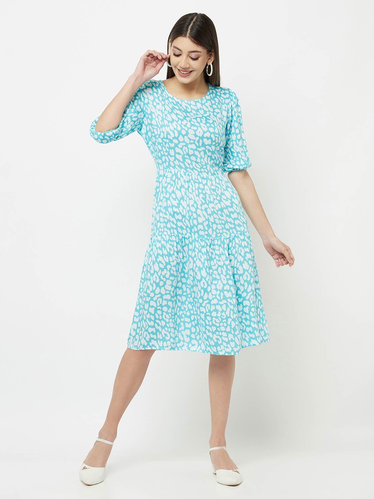 women mint green printed round neck dress