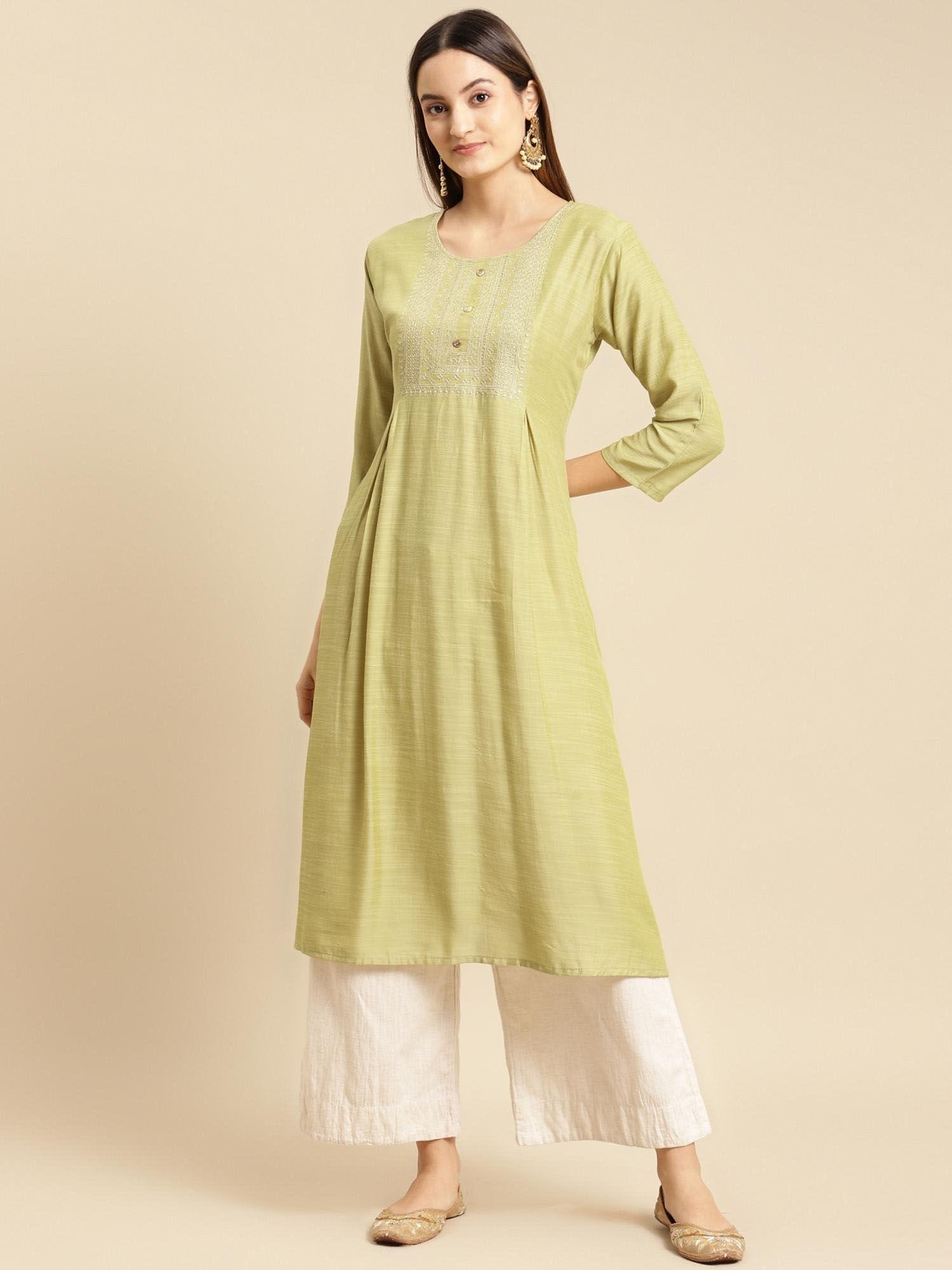 women mint green yoke zari embroidered calf length a-line kurta