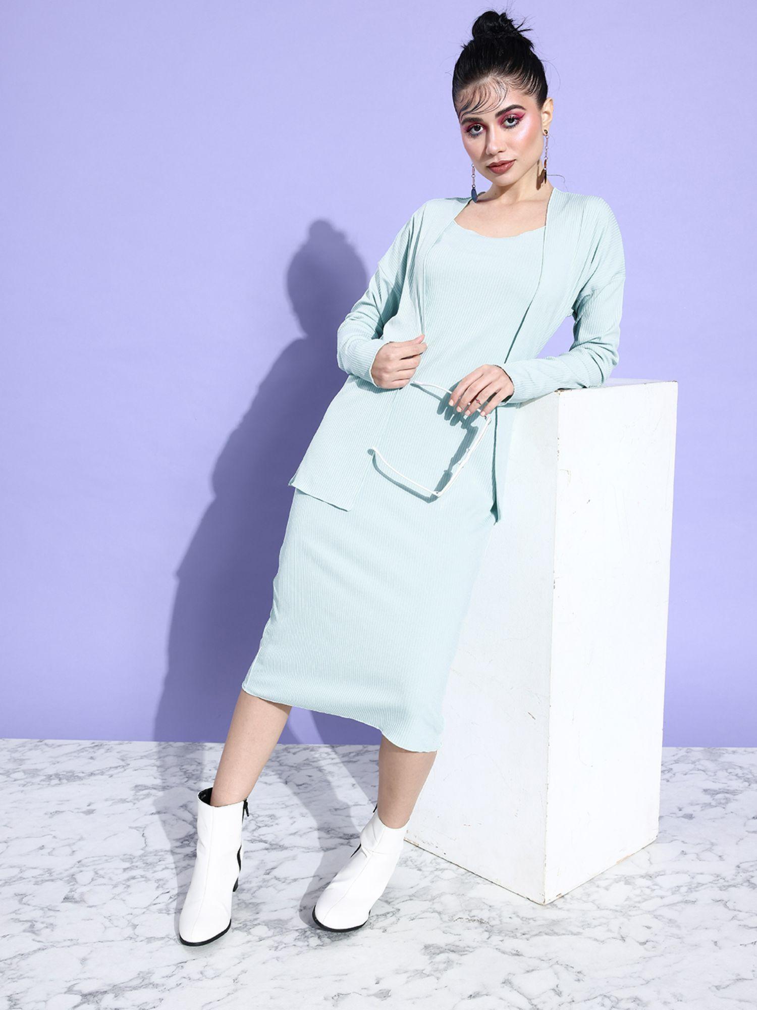 women mint long dress with shrug (set of 2)