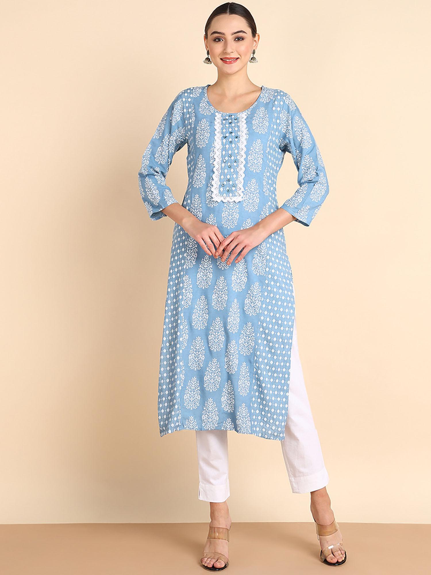 women mirror printed rayon blue straight kurta