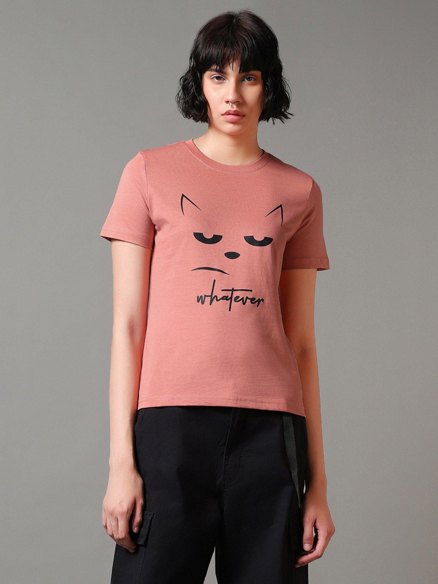 women misty pink whatever cat graphic printed t-shirt