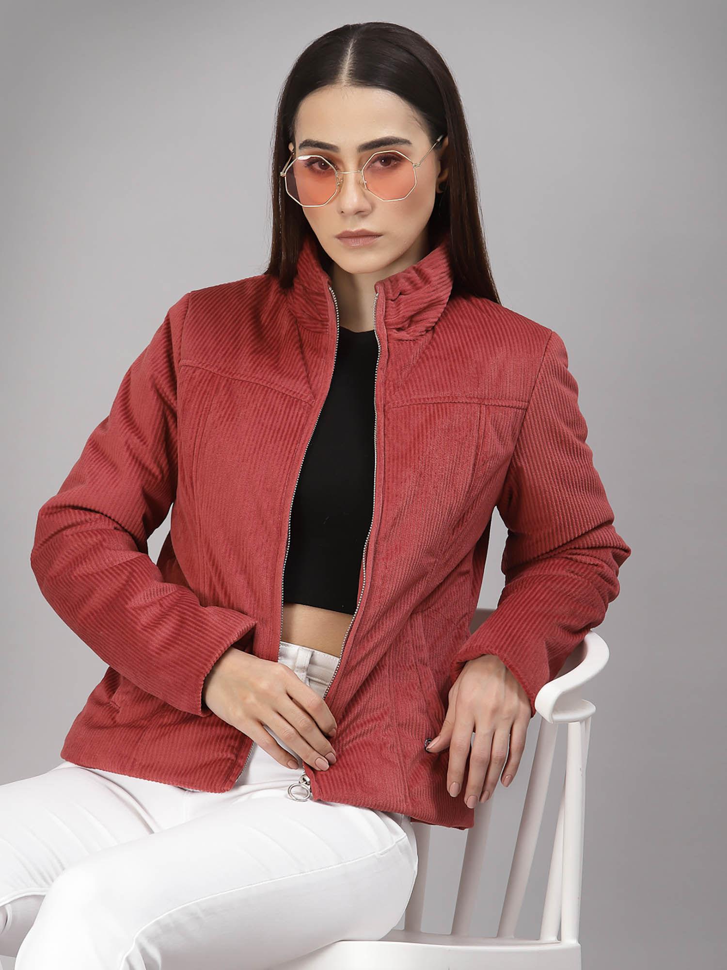 women mock collar regular full sleeves cotton poly fabric rose jackets