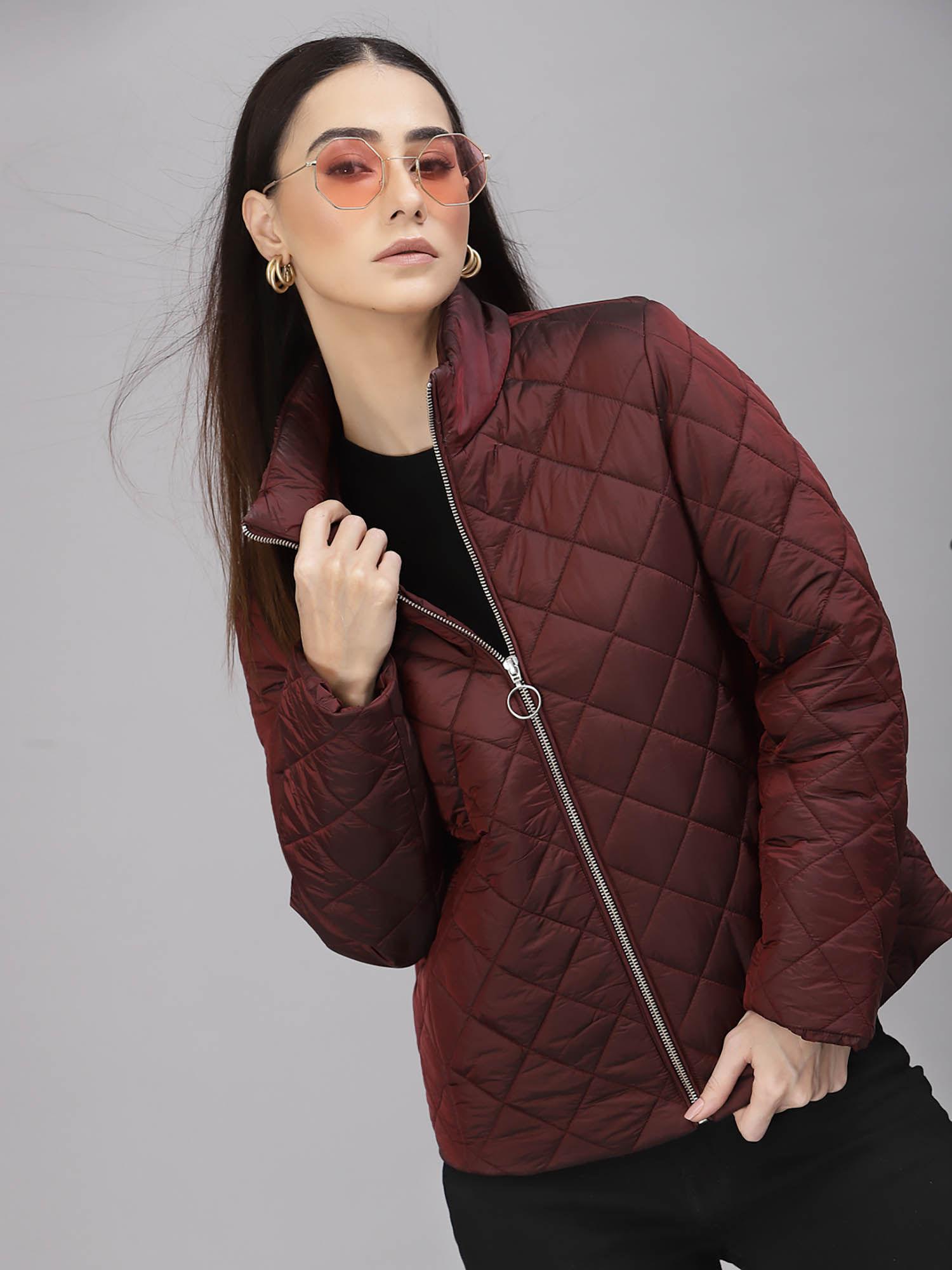 women mock collar regular full sleeves polyester fabric wine jackets