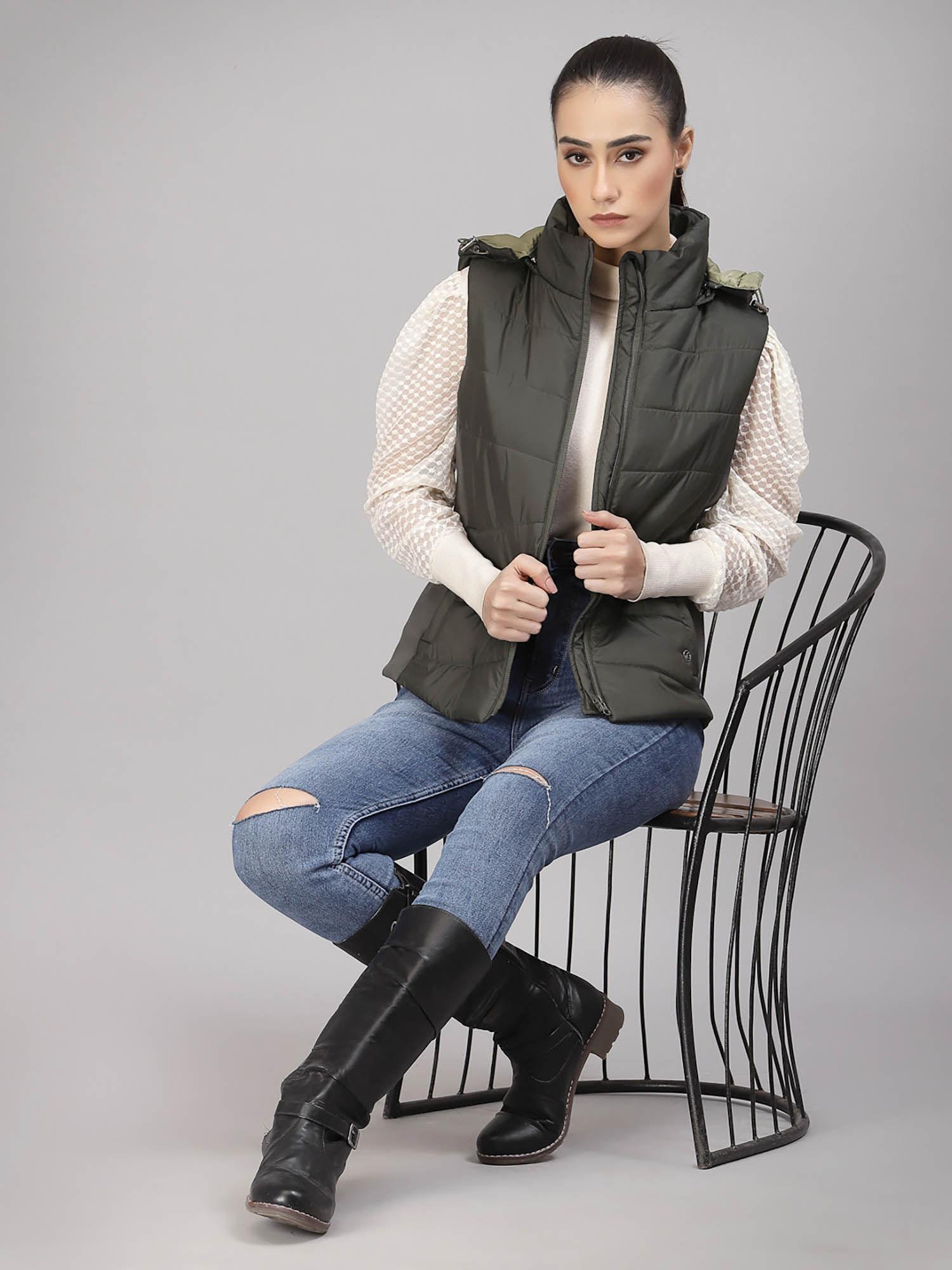 women mock collar regular sleeveless polyester fabric olive jackets