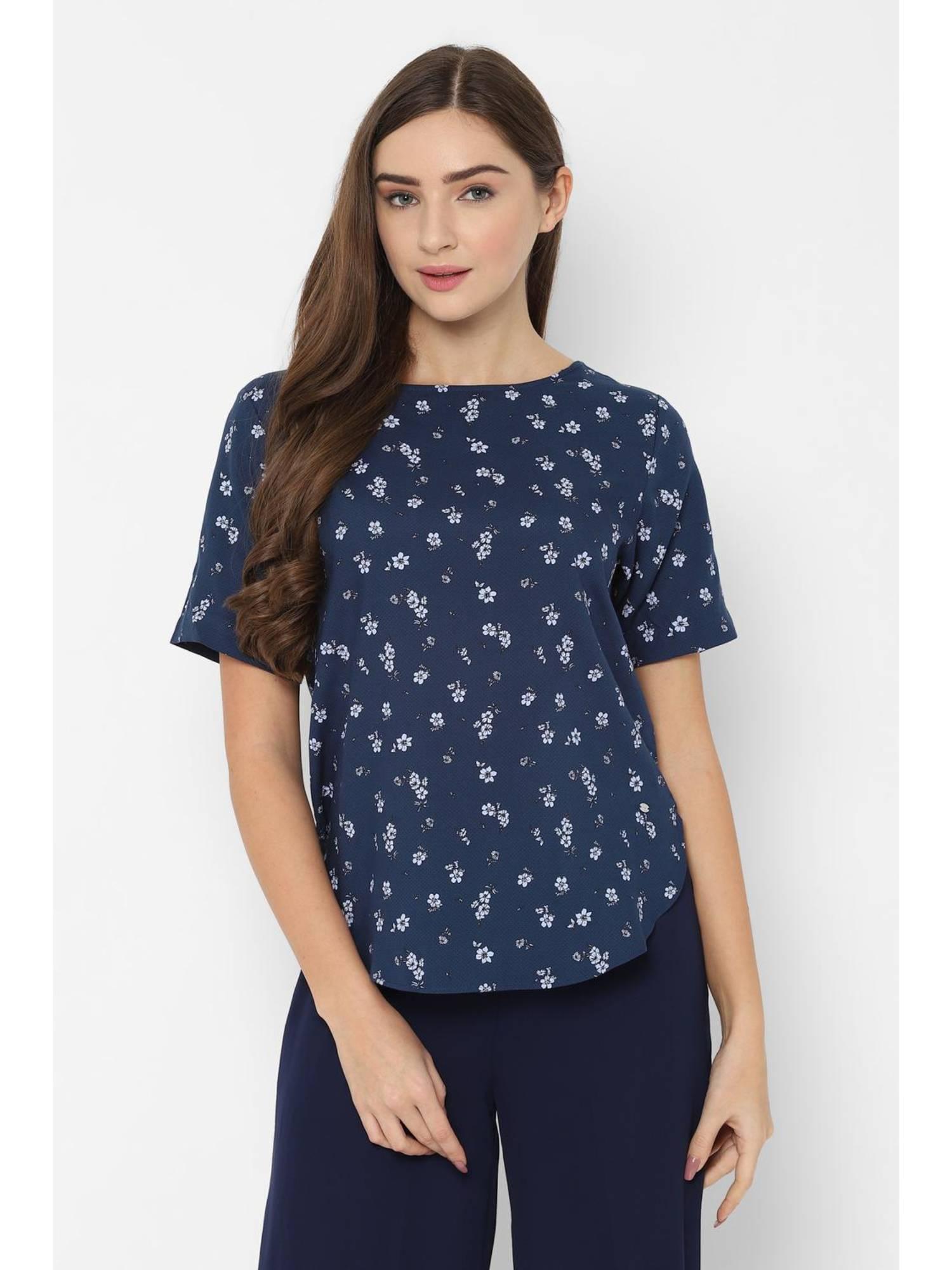 women modal floral regular fit navy blue top