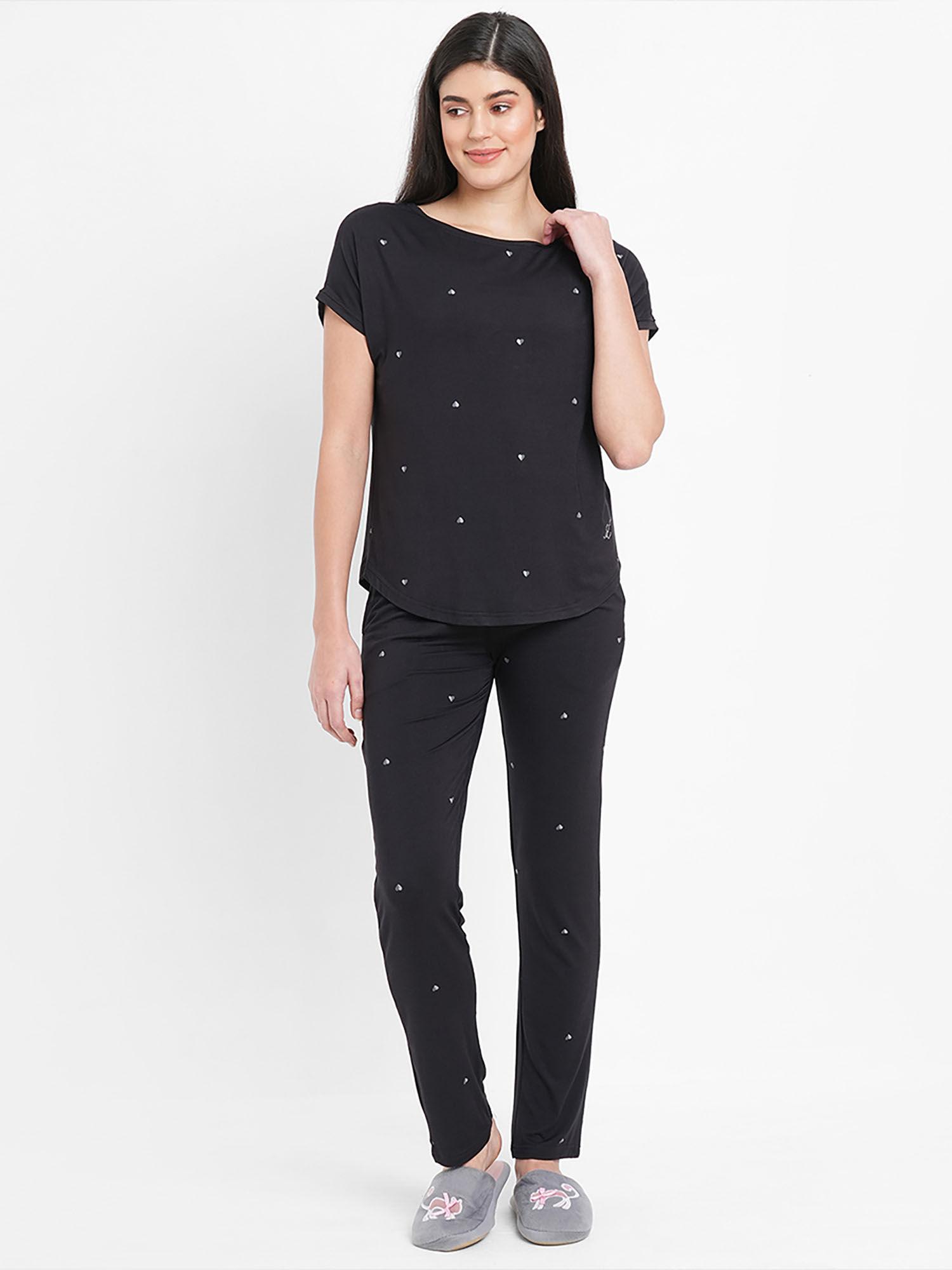 women modal spandex printed pyjama set - black (set of 2)