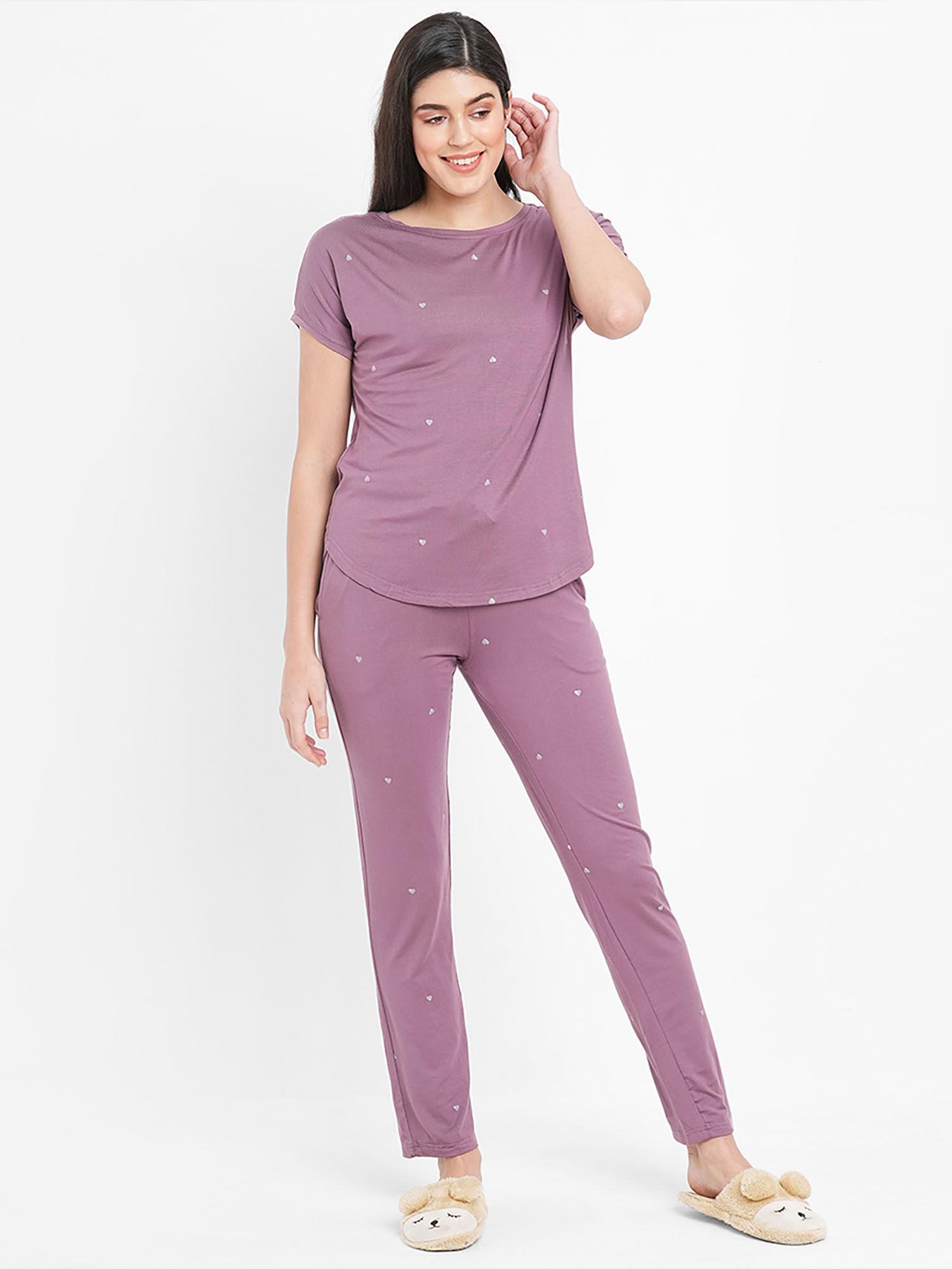 women modal spandex printed pyjama set - pink (set of 2)