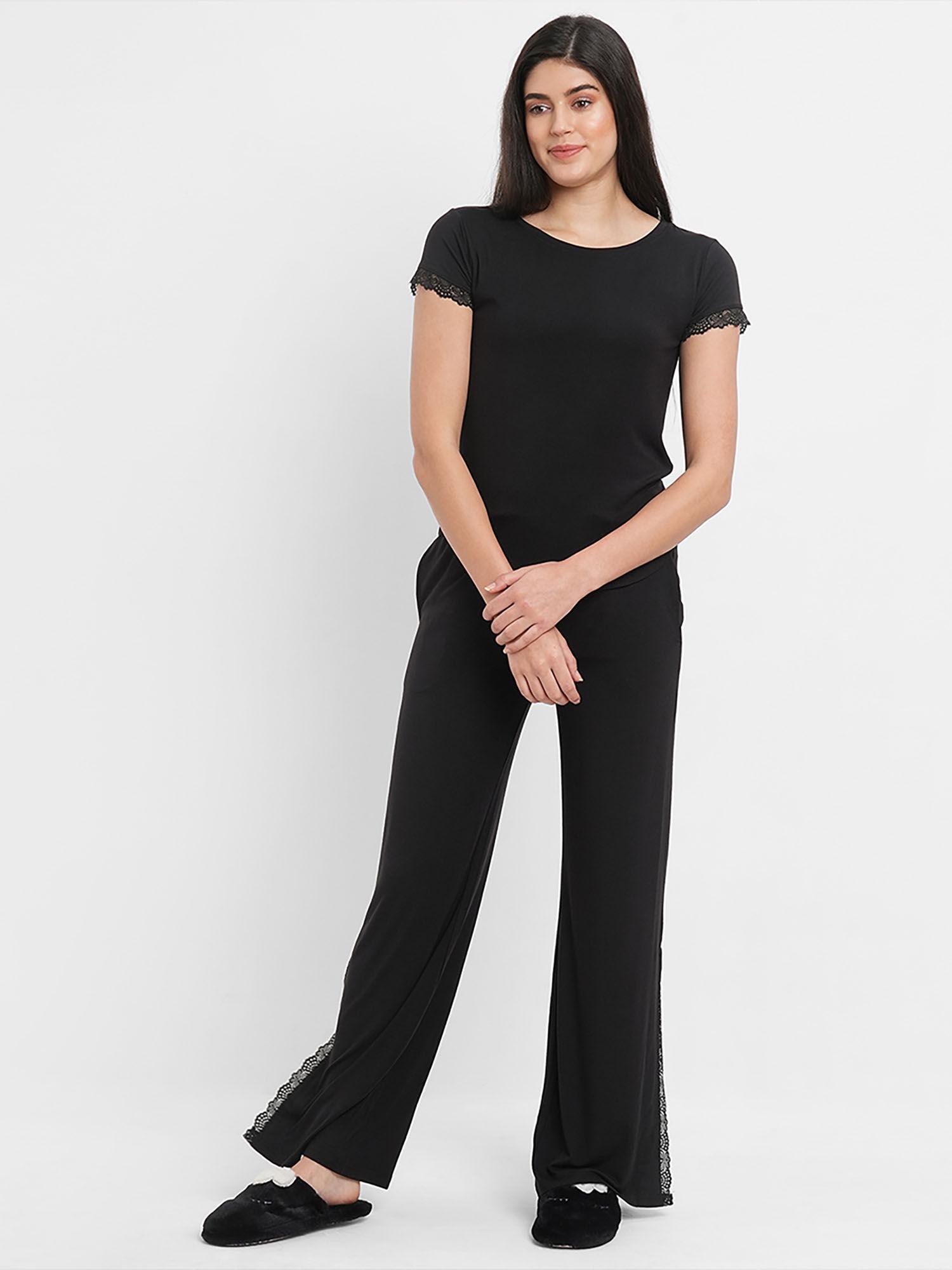 women modal spandex solid pyjama set - black (set of 2)