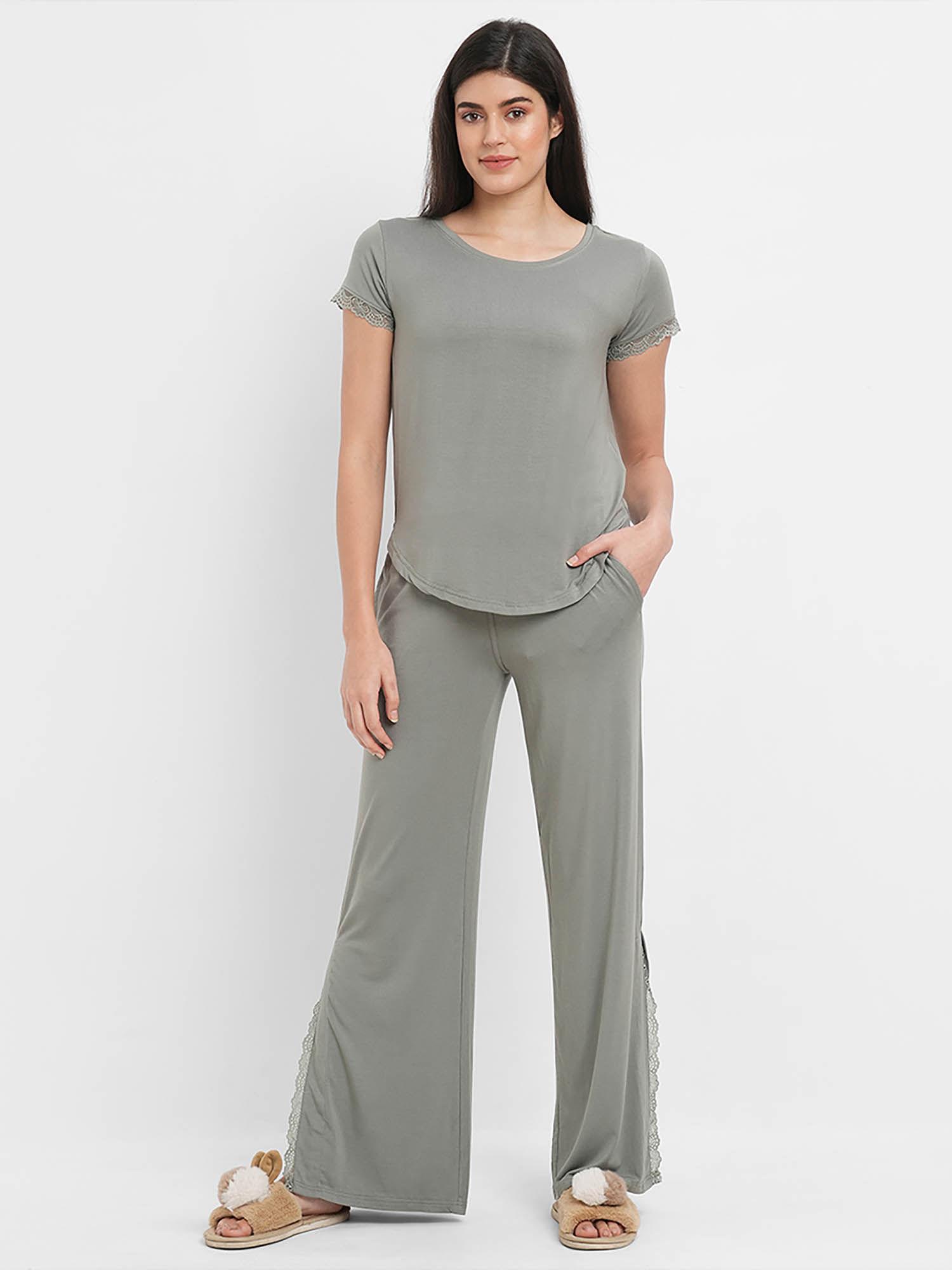 women modal spandex solid pyjama set - grey (set of 2)