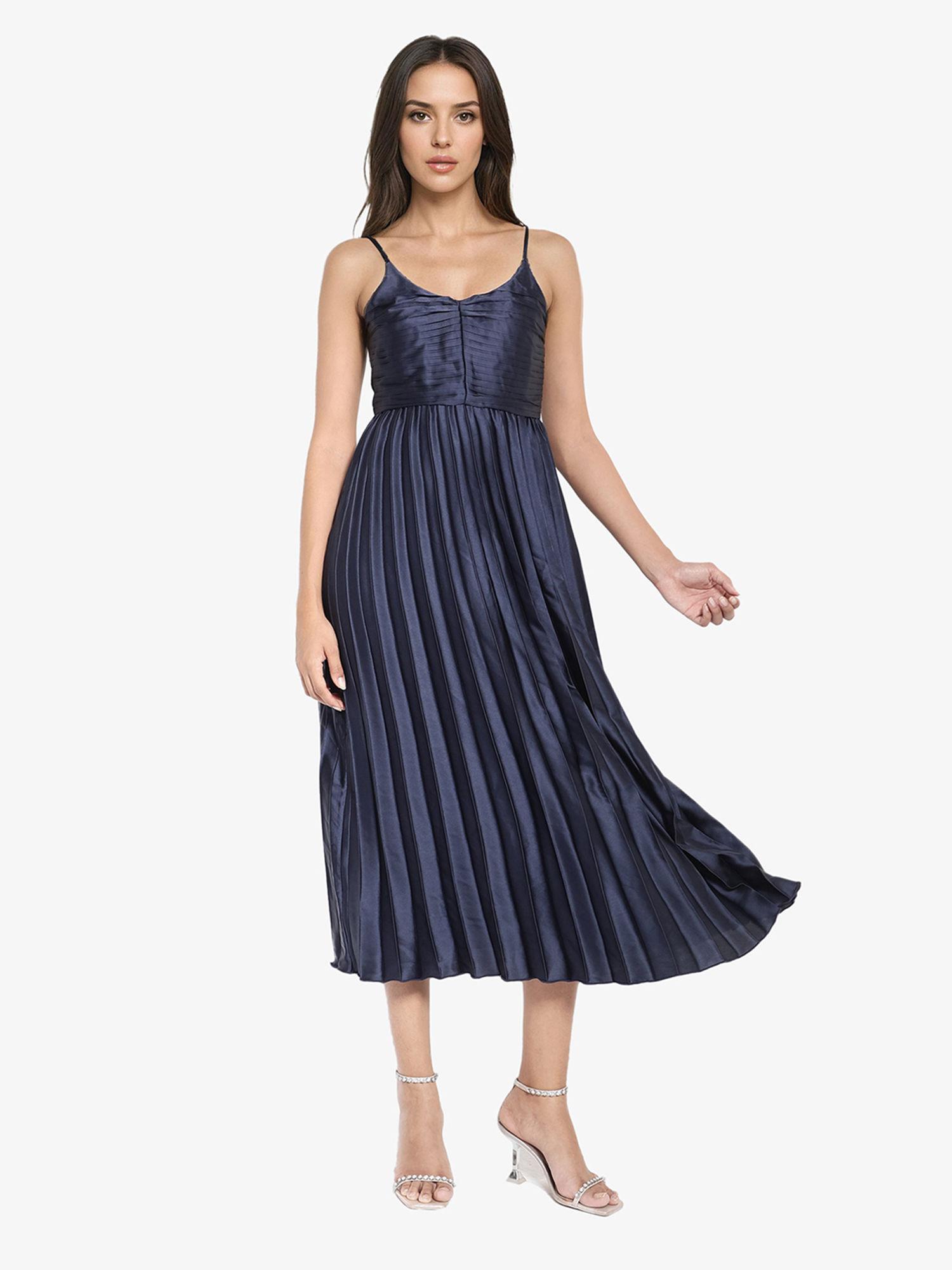 women montreal pleated navy blue midi dress