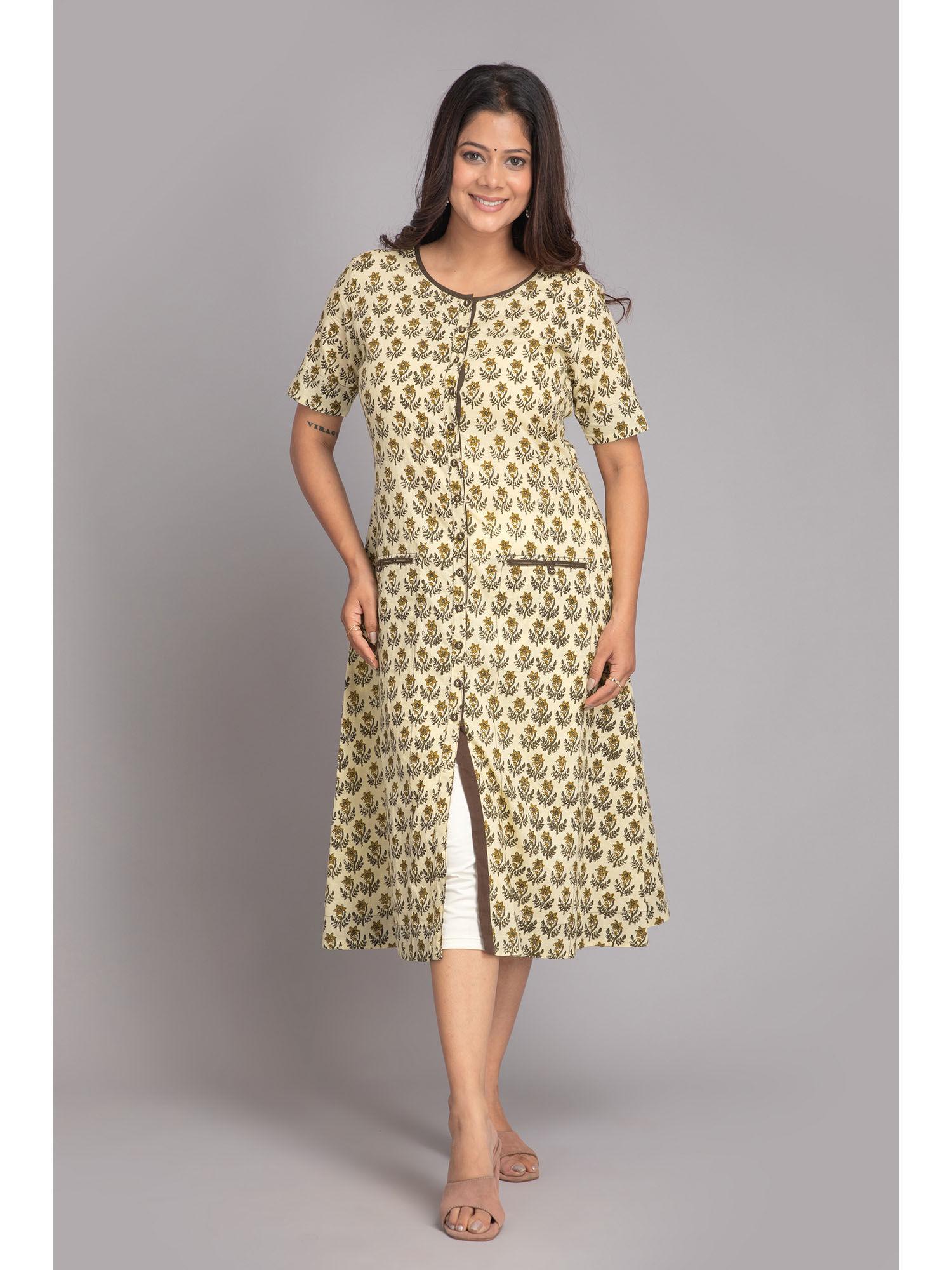 women mul cotton floral printed flared kurti yellow