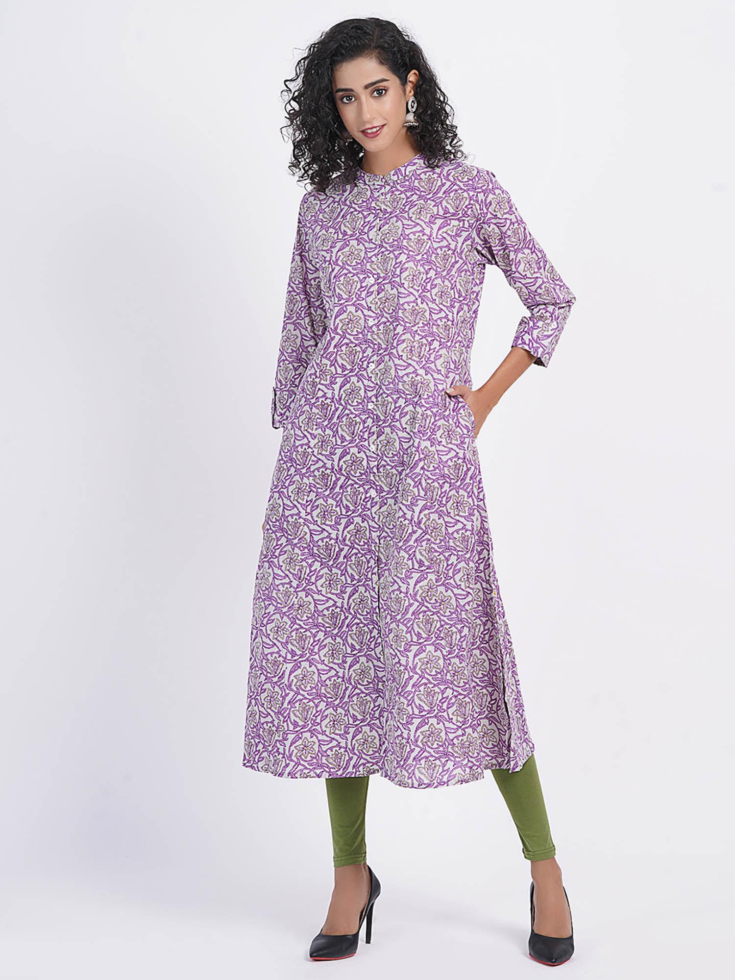 women mul cotton printed a-line kurta embellished with button details purple