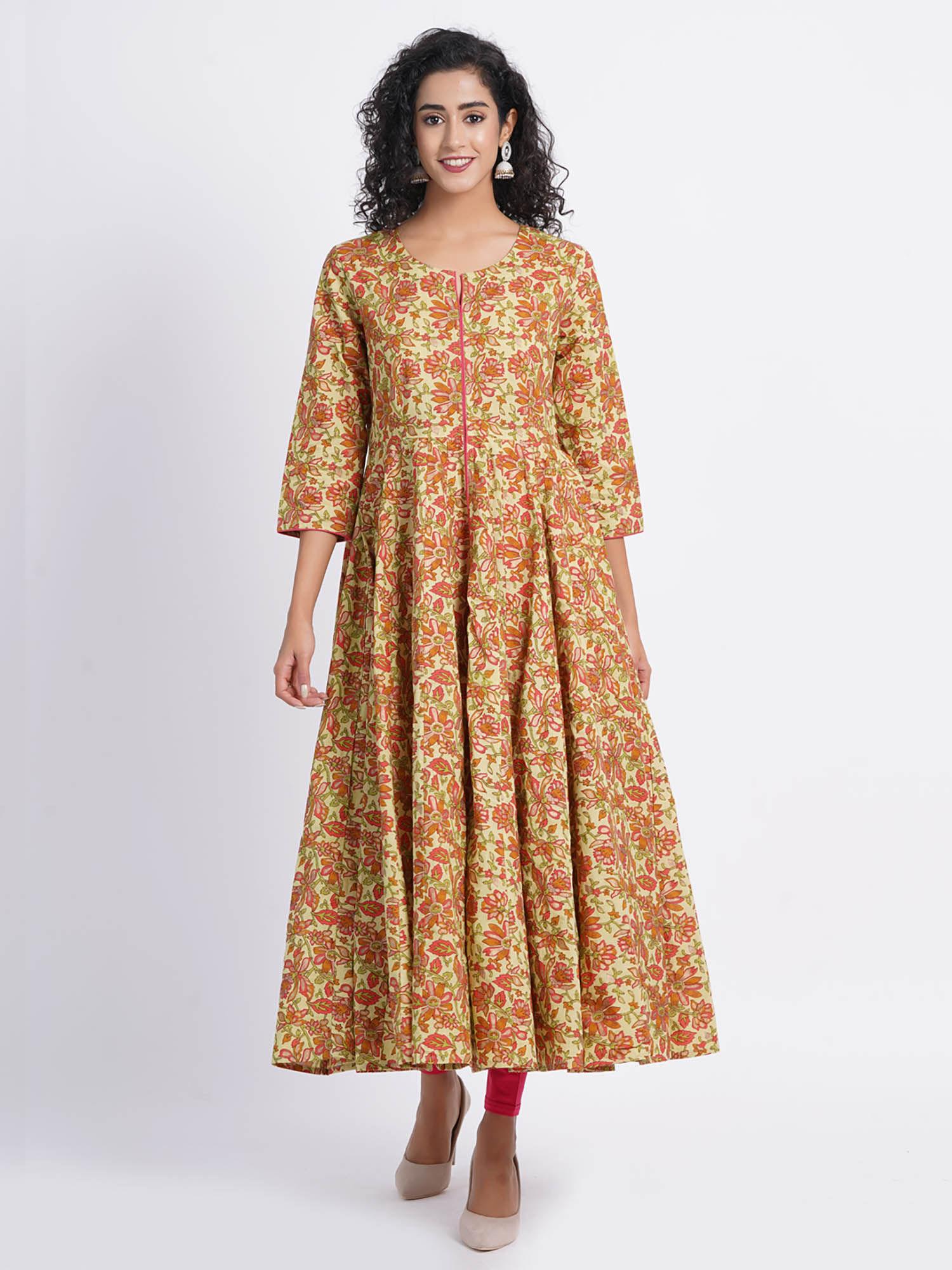 women mul cotton printed flared kalidar long dress green