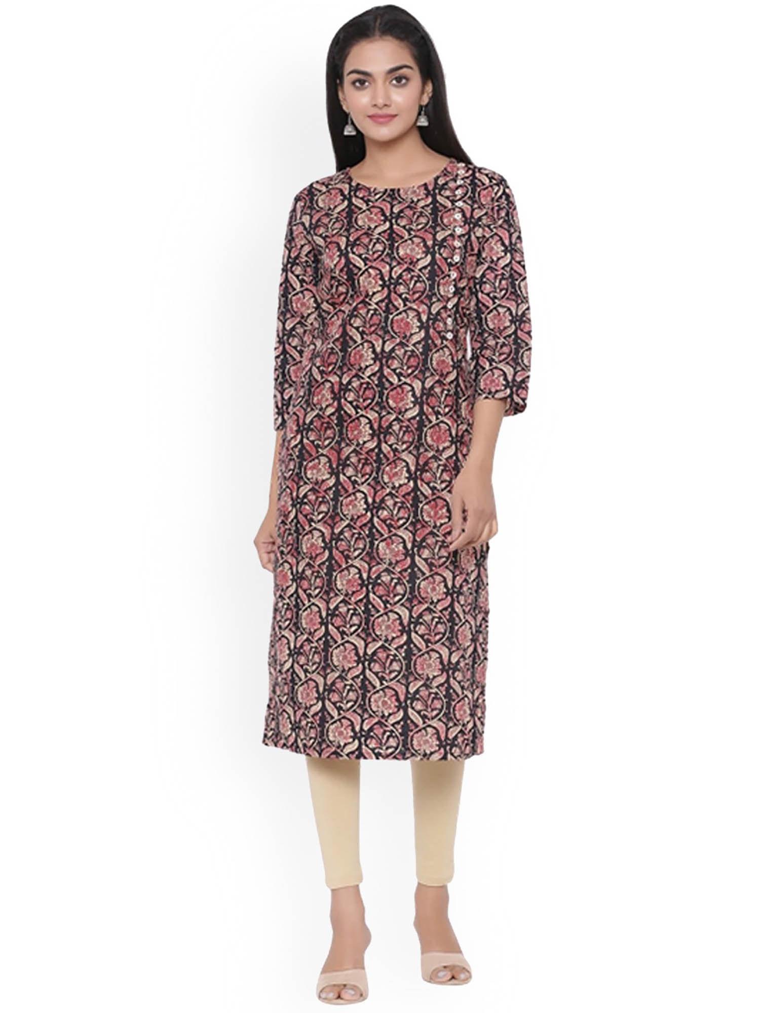 women mul cotton printed long kurta black