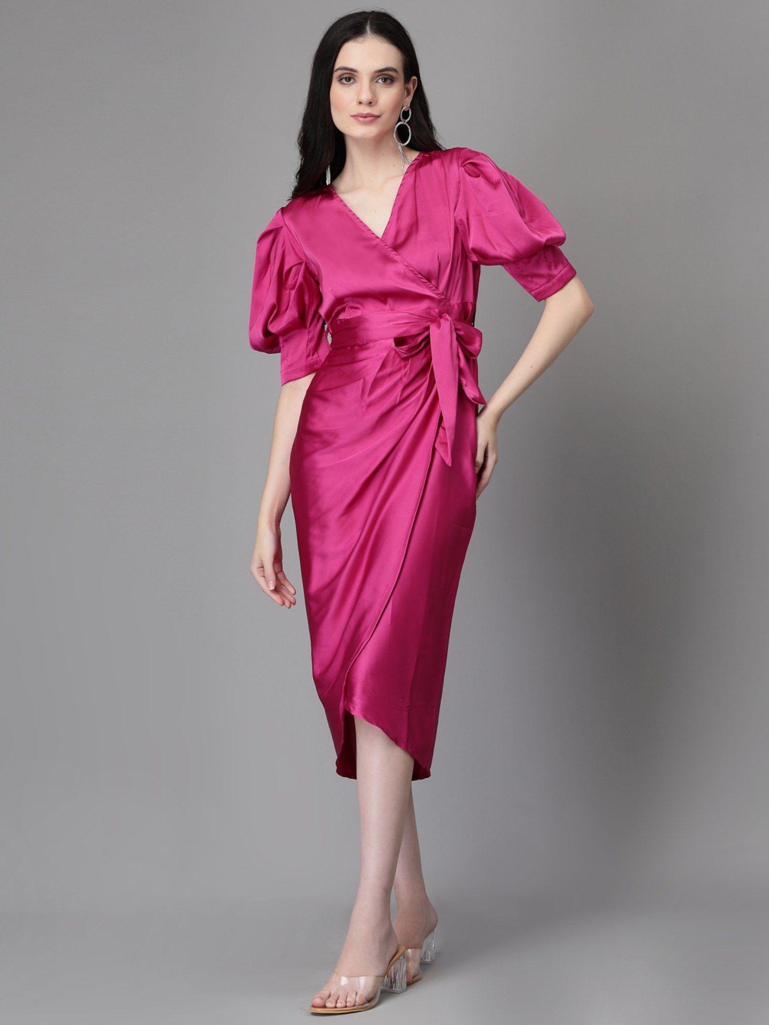 women mulberry solid half sleeve dress with belt (set of 2)