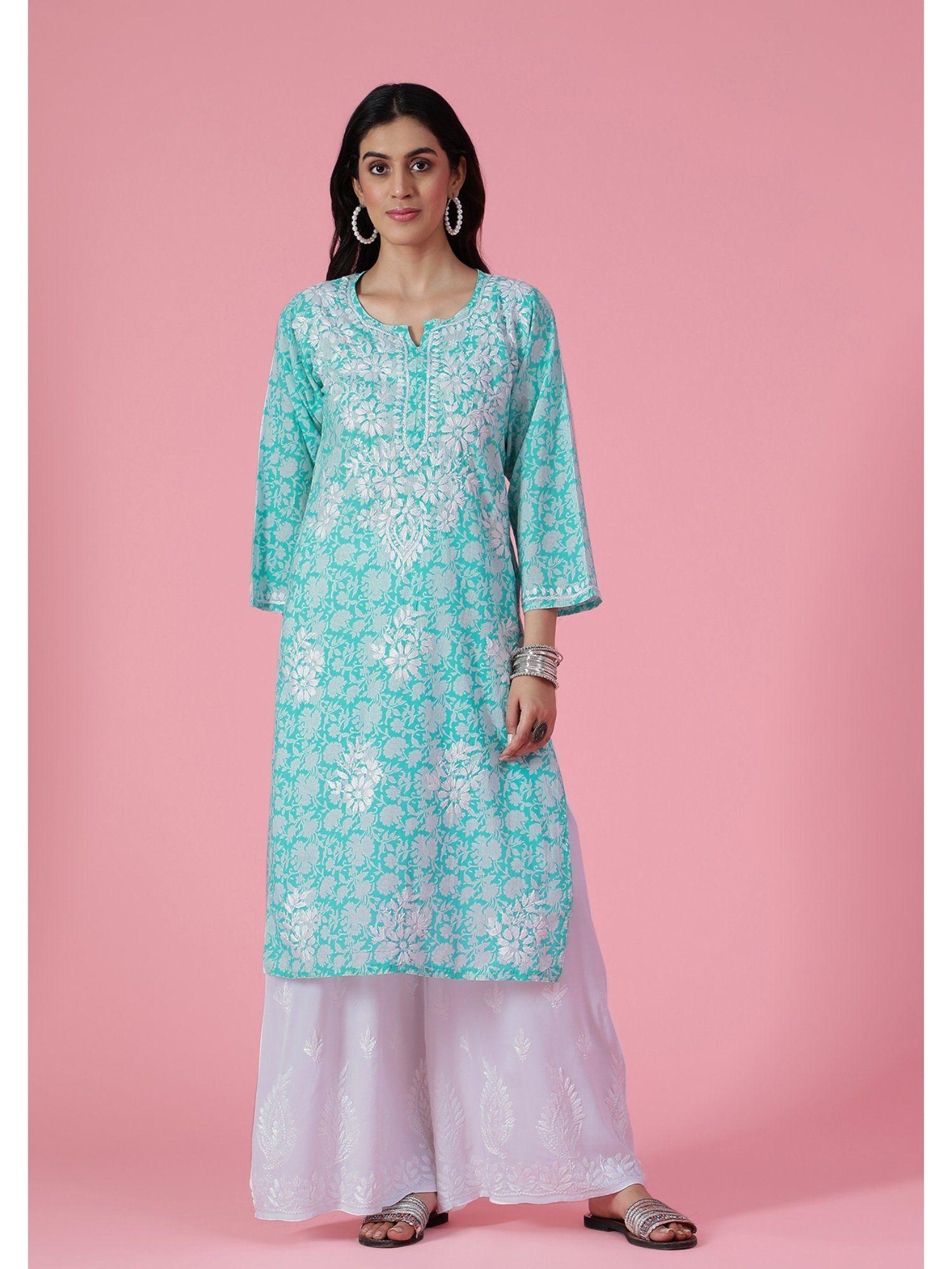 women mulmul floral printed chikankari blue kurta