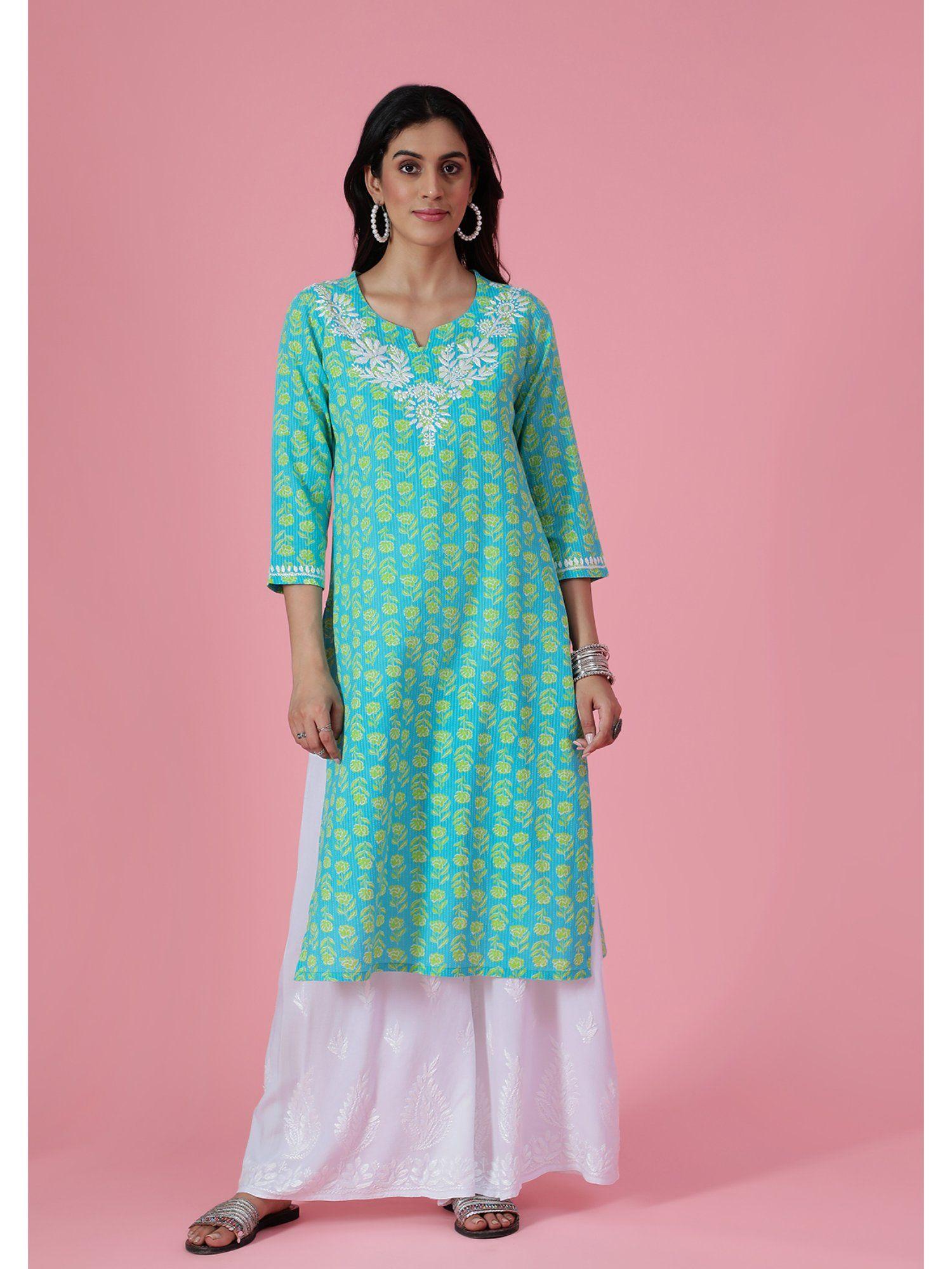 women mulmul floral printed chikankari blue kurta