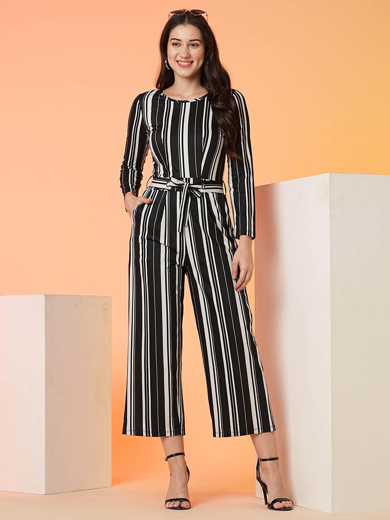 women multi black striped long sleeve jumpsuit (set of 2)