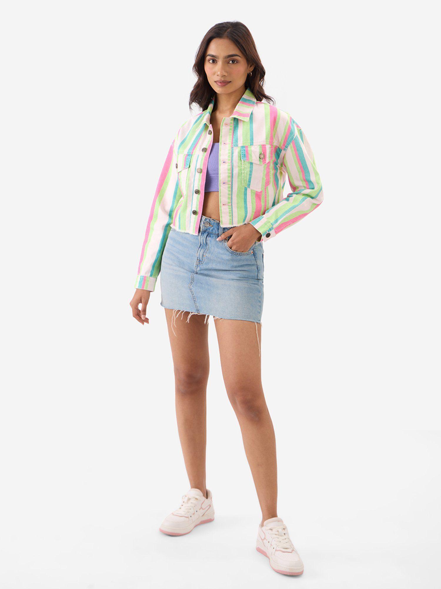 women multi-color blossom stripes denim jacket