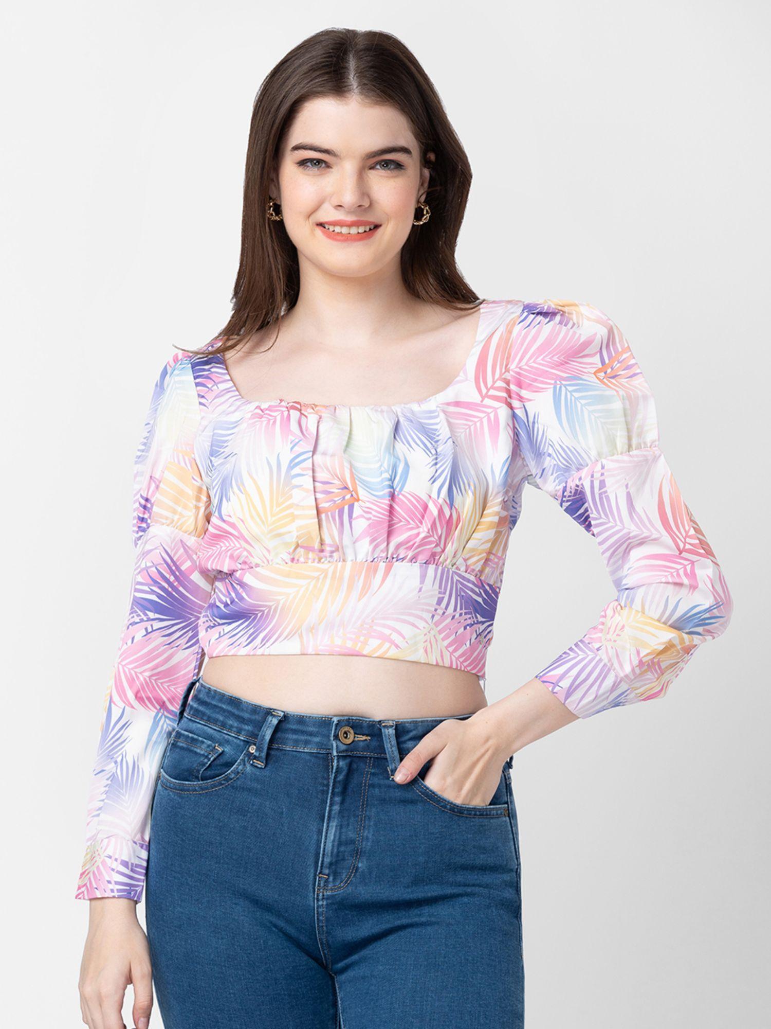 women multi-color cotton floral crop top