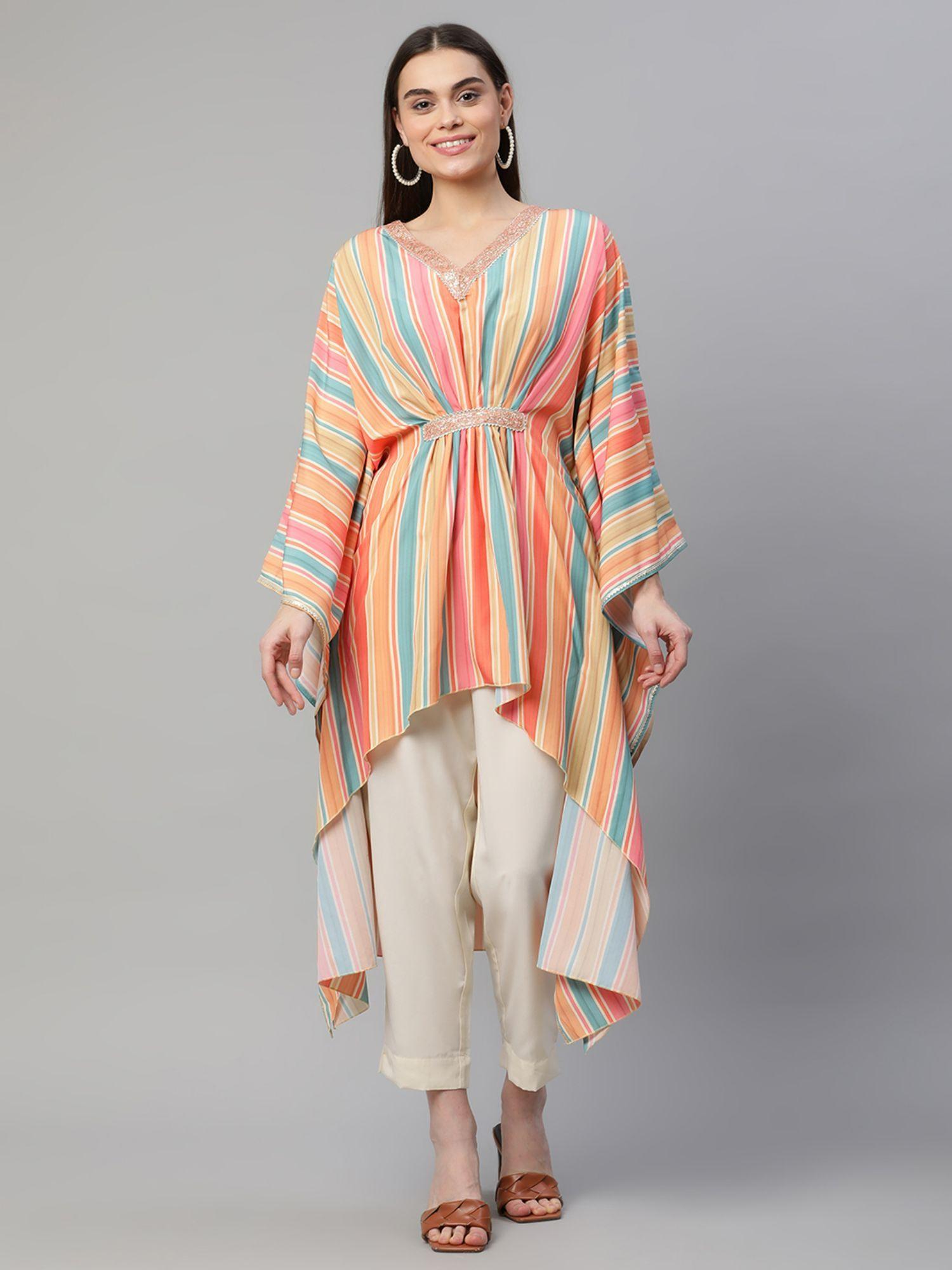 women multi color crepe striped printed kaftan kurta with trousers (set of 2)