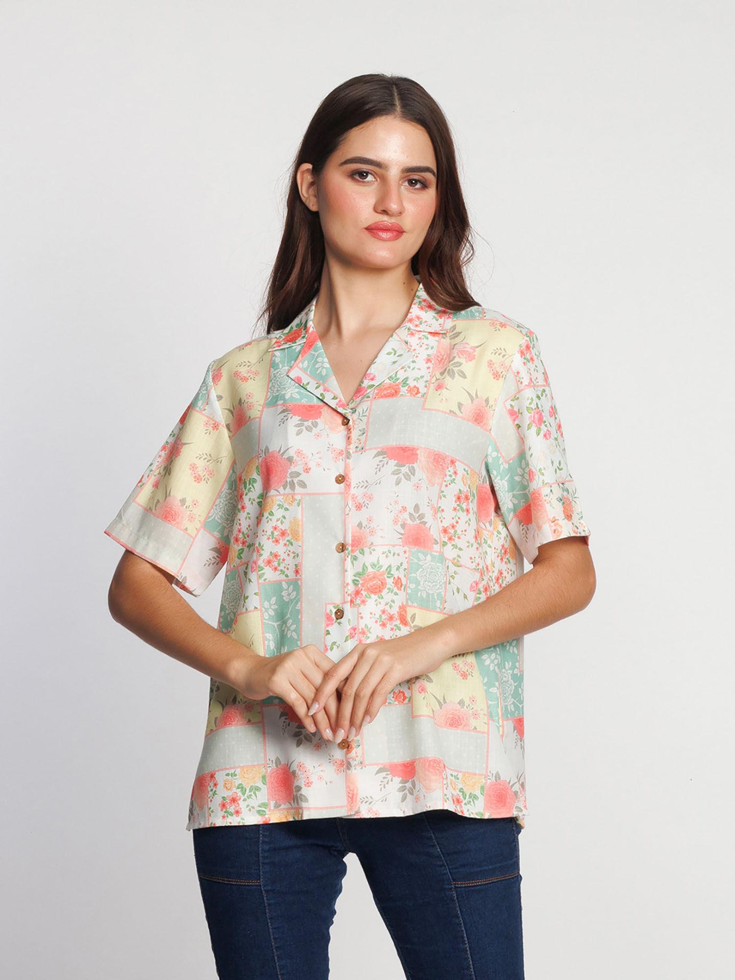 women multi-color floral half sleeves notched lapel shirt