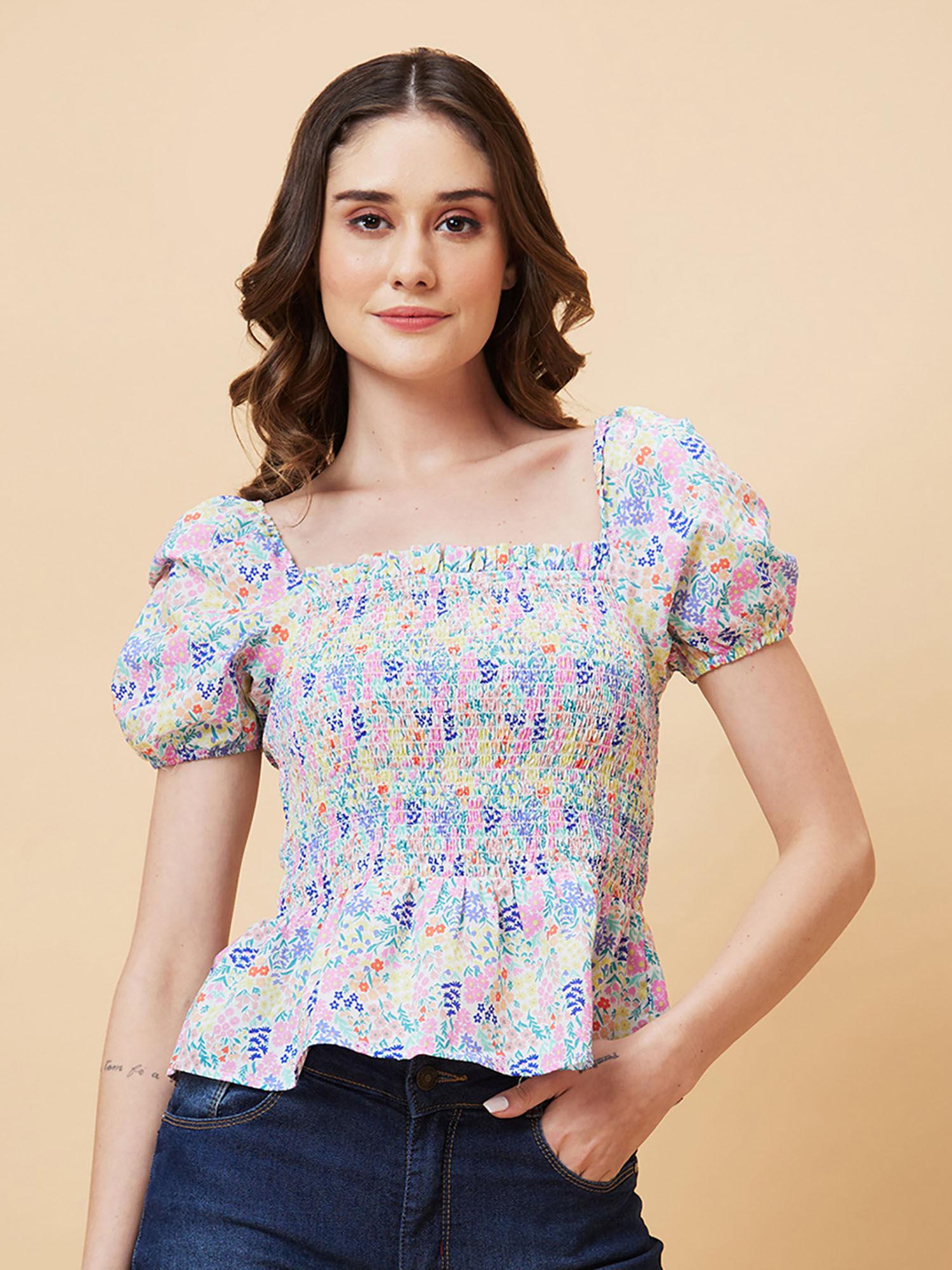 women multi-color floral print smocked top