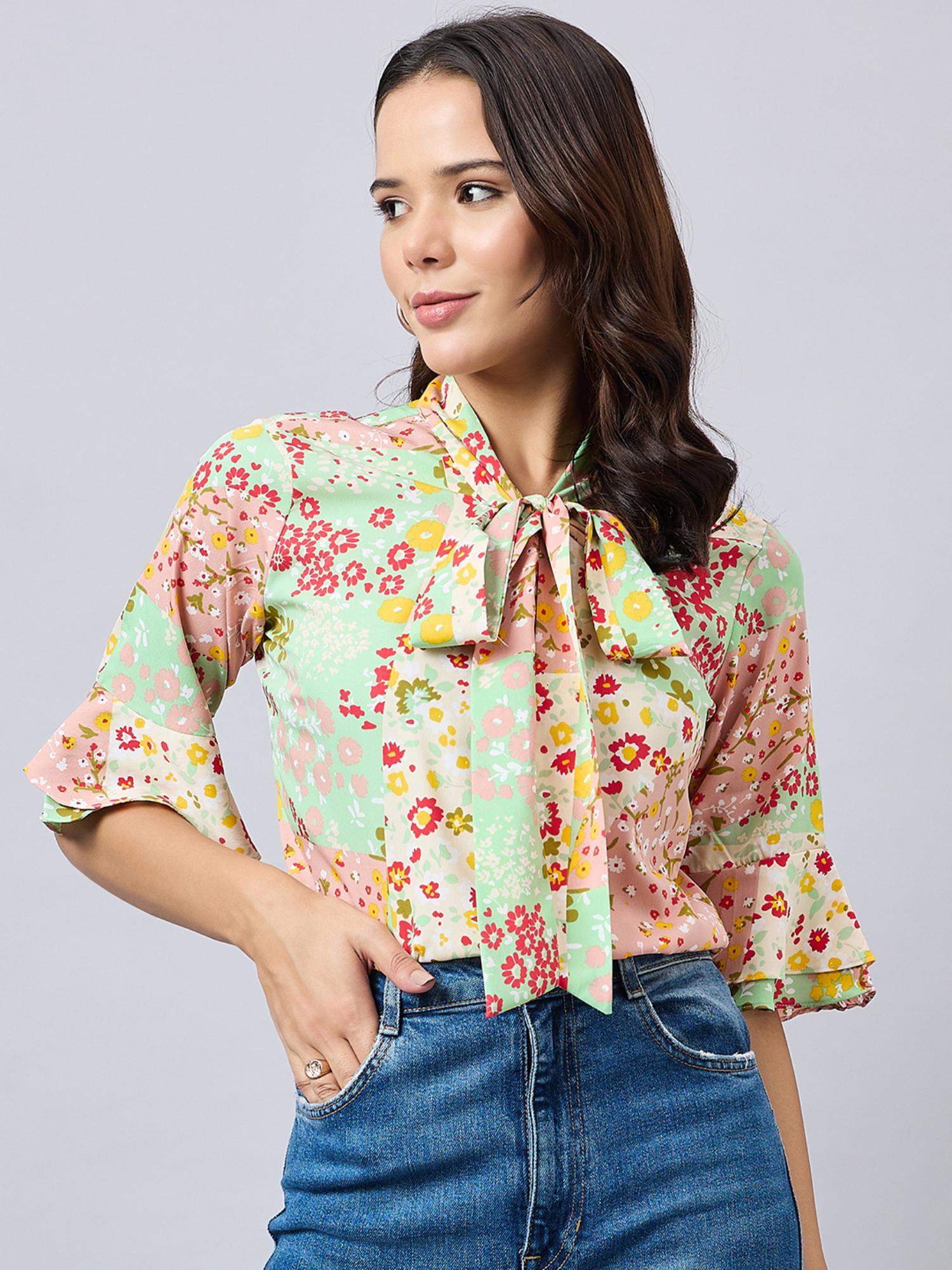 women multi color floral printed polyester top