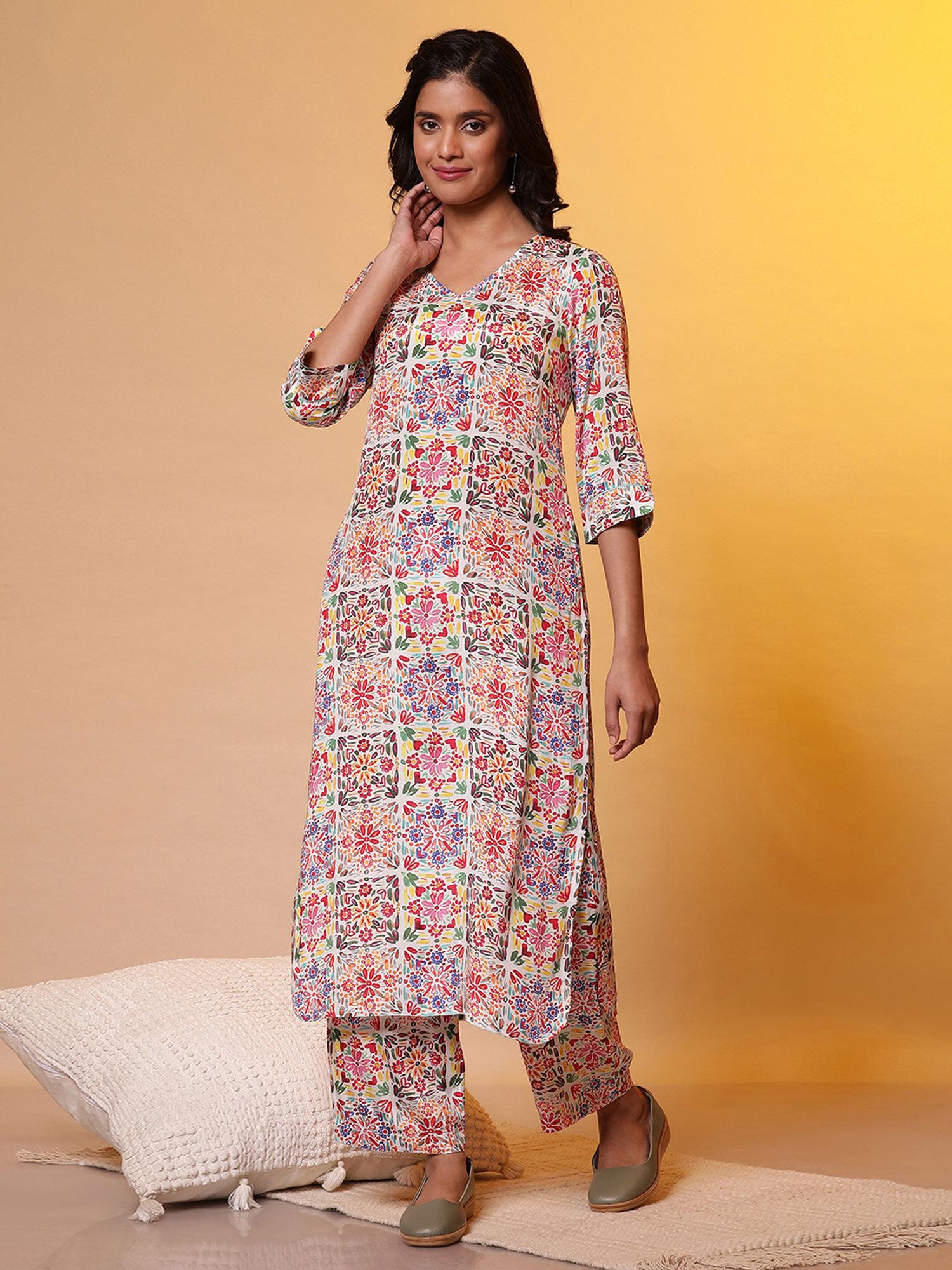 women multi-color floral rayon kurta