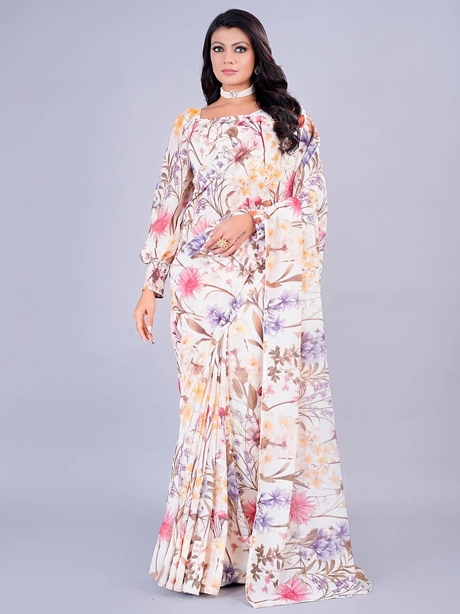 women multi-color georgette floral printed saree with stitched blouse