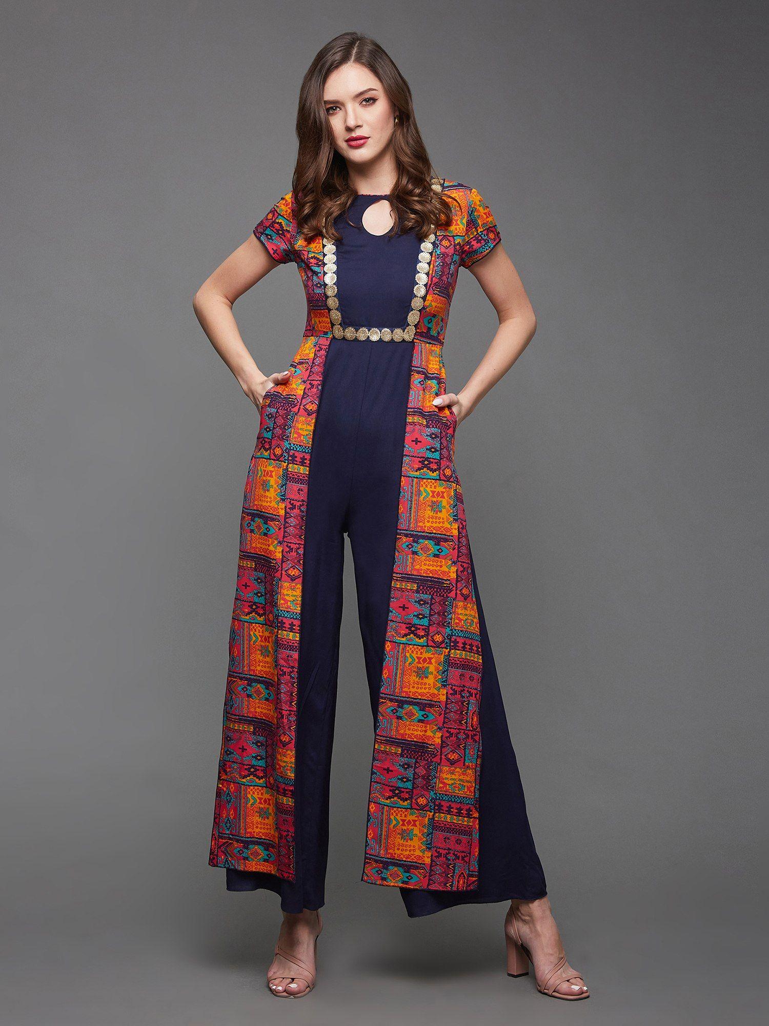 women multi-color keyhole neck bohemian print panelled viscose jumpsuit