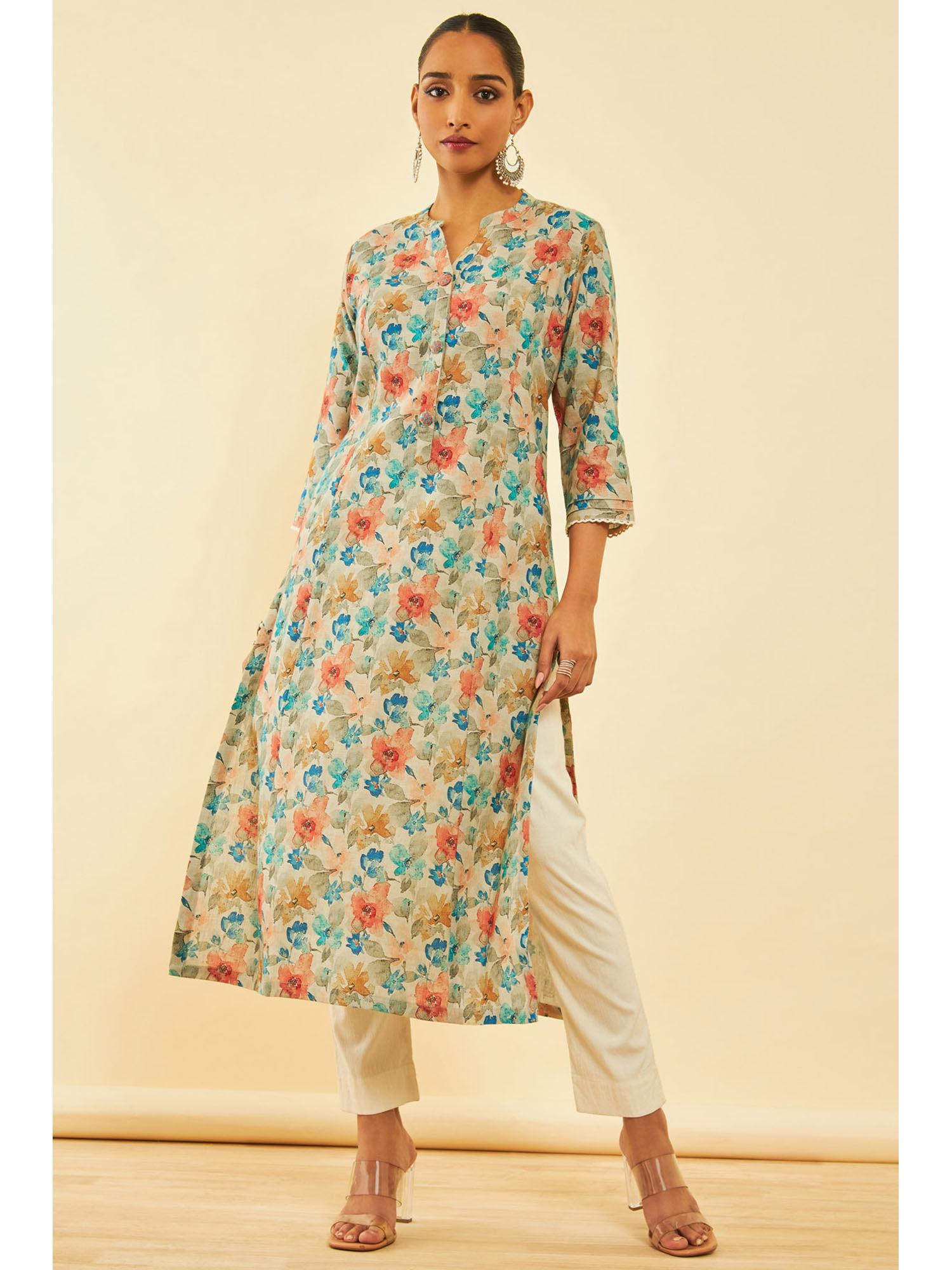 women multi-color linen floral kurta