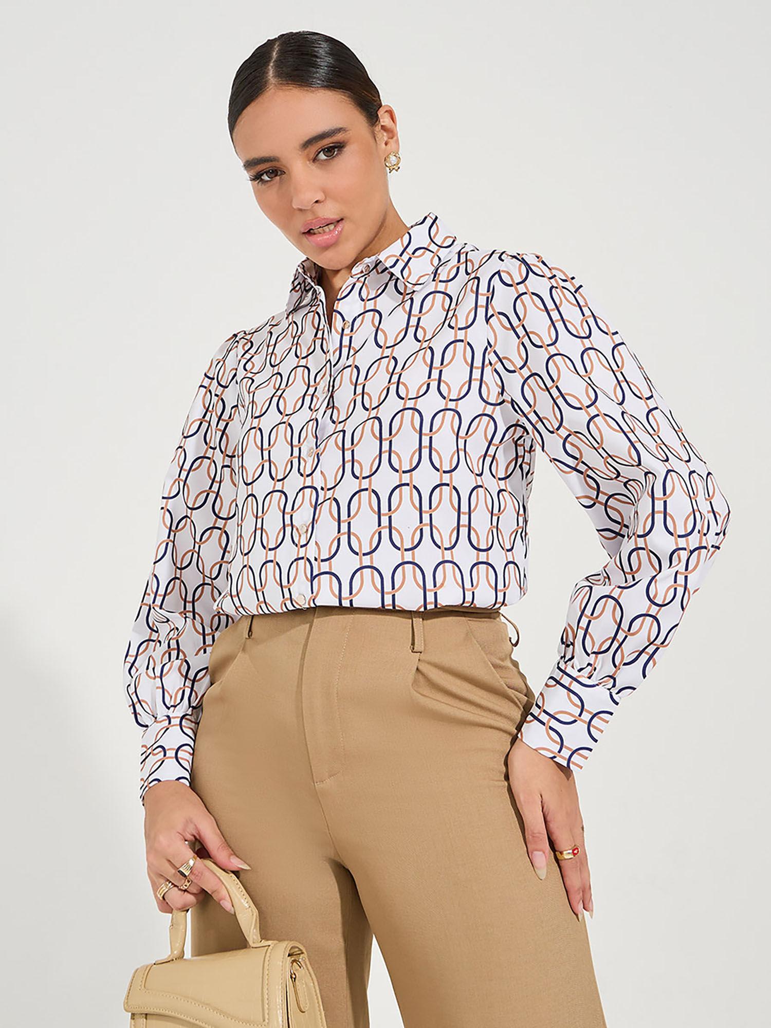 women multi-color long sleeves regular fit geometric printed formal shirt