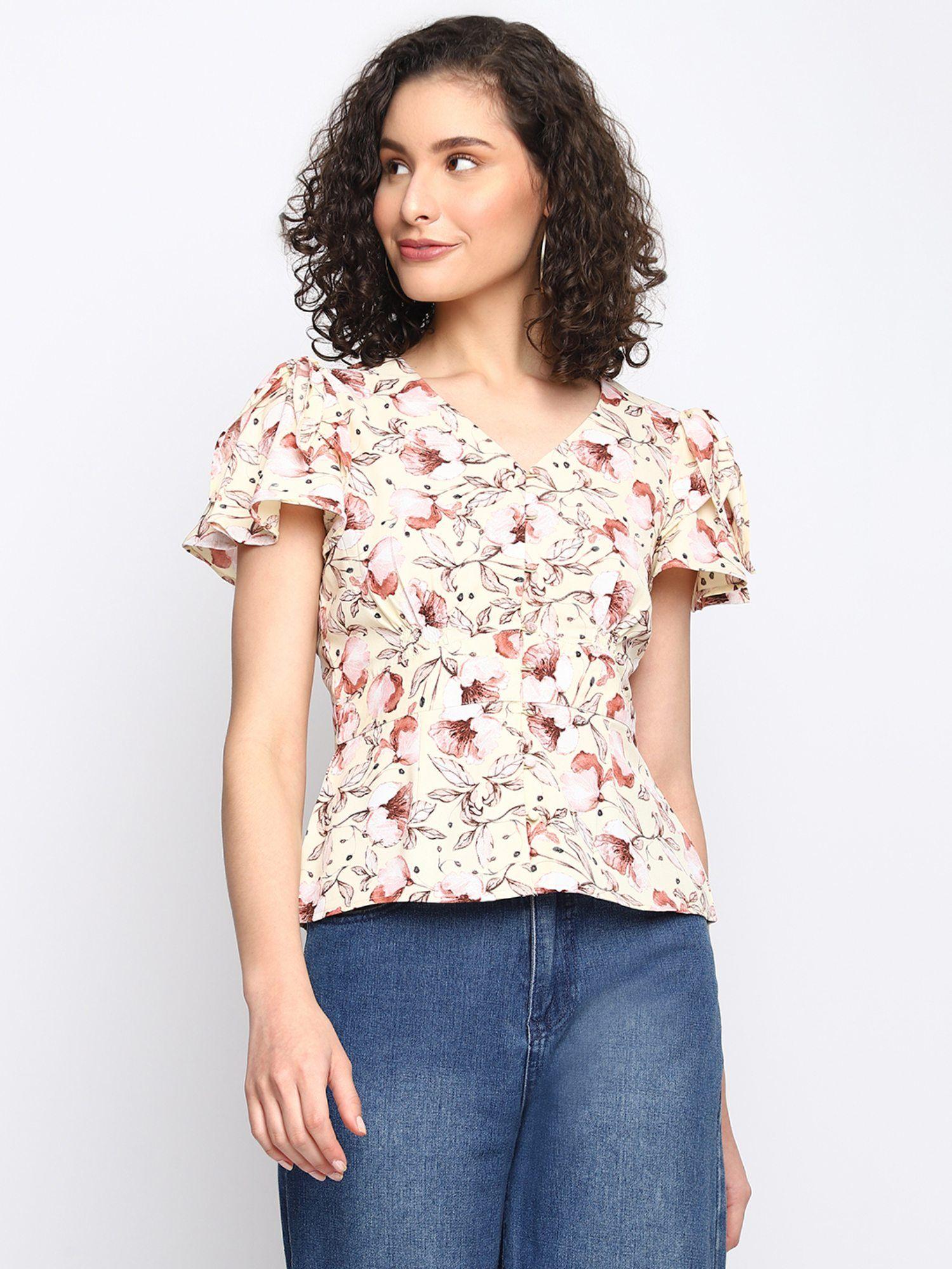 women multi color printed flare sleeve regular top