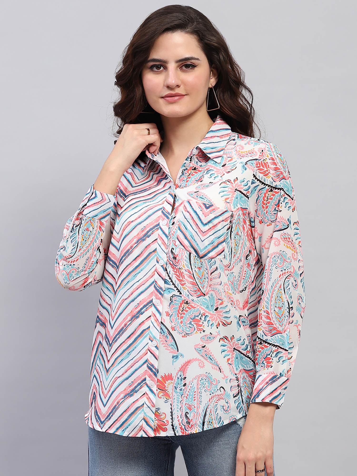 women multi-color printed full sleeves collar neck shirt