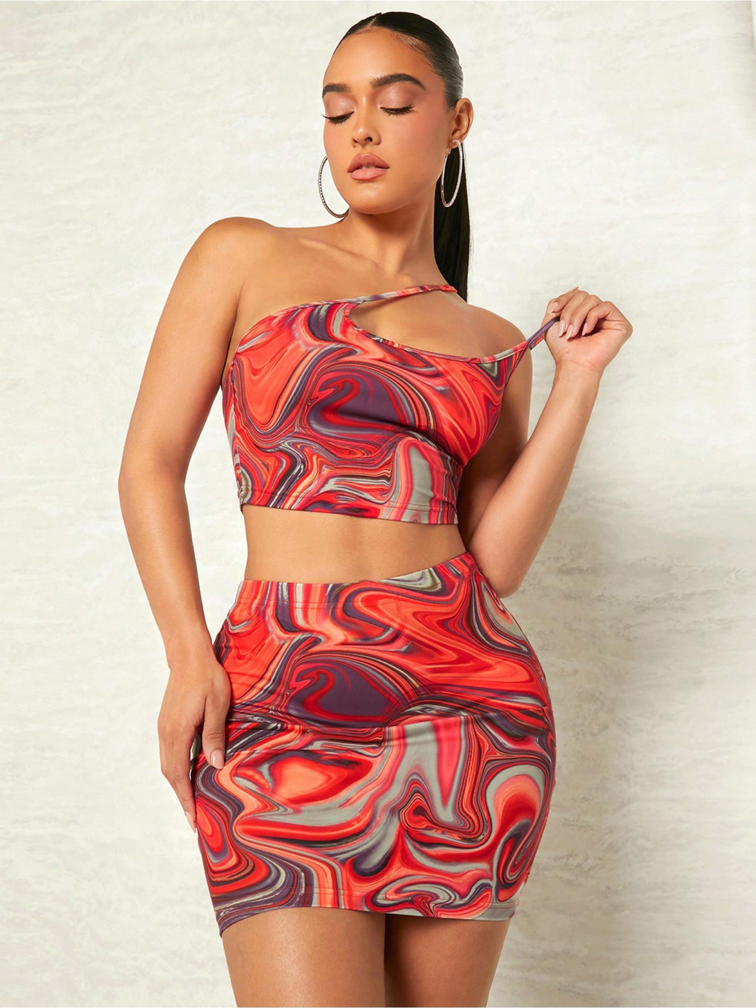 women multi-color printed one shoulder co-ord (set of 2)