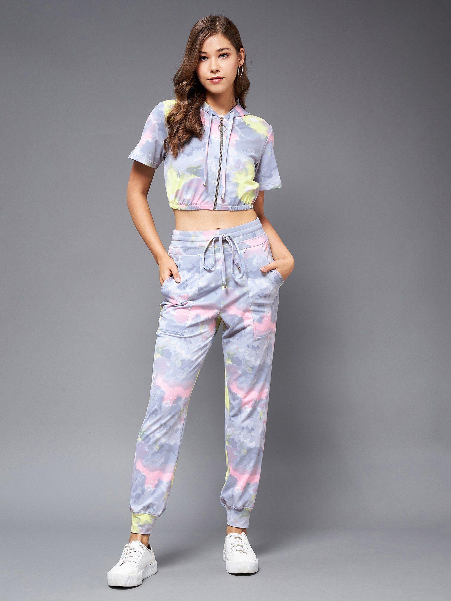 women multi-color round short polyester tie & dye co-ord (set of 2)