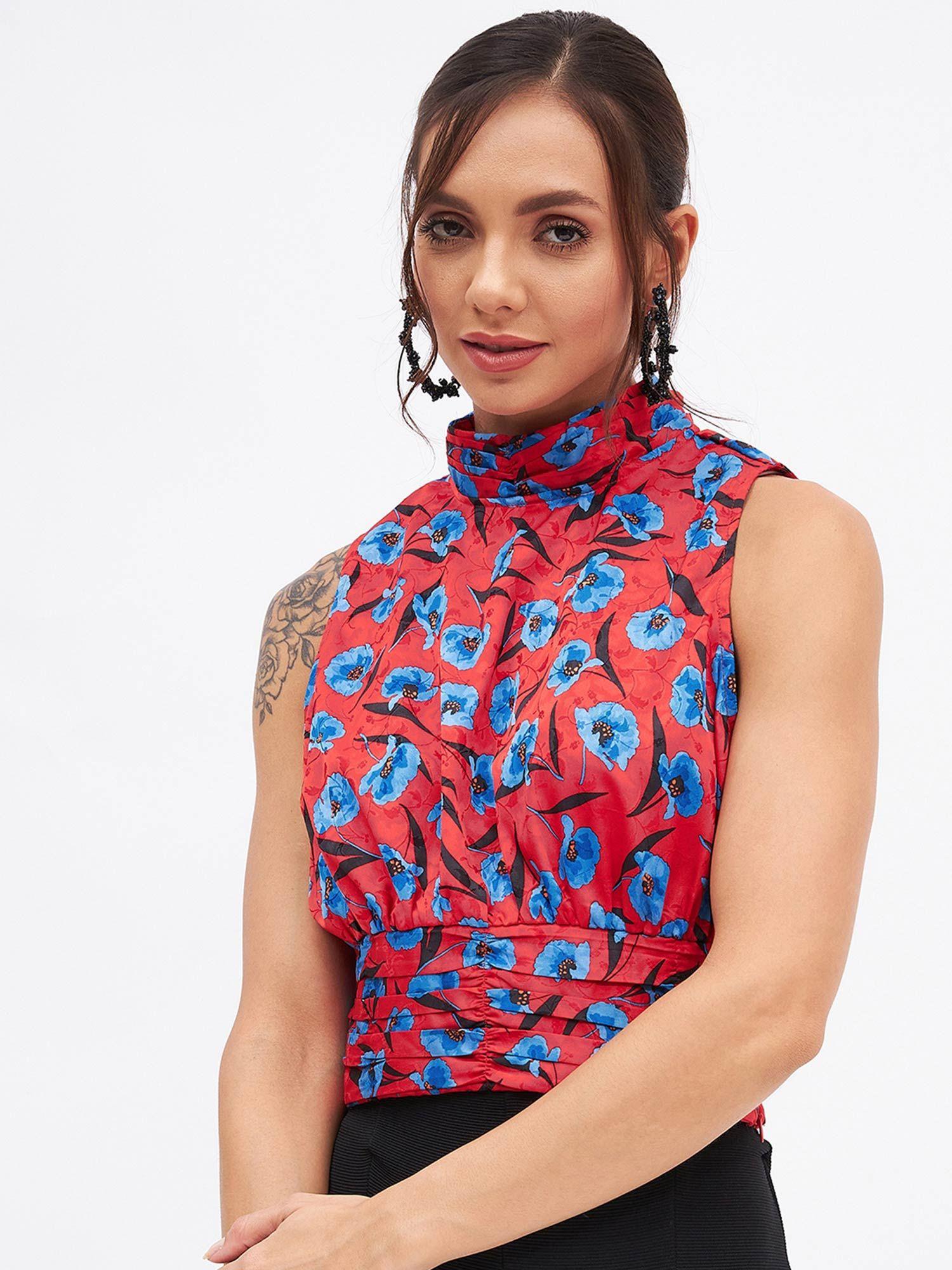 women multi-color satin sleeveless printed top