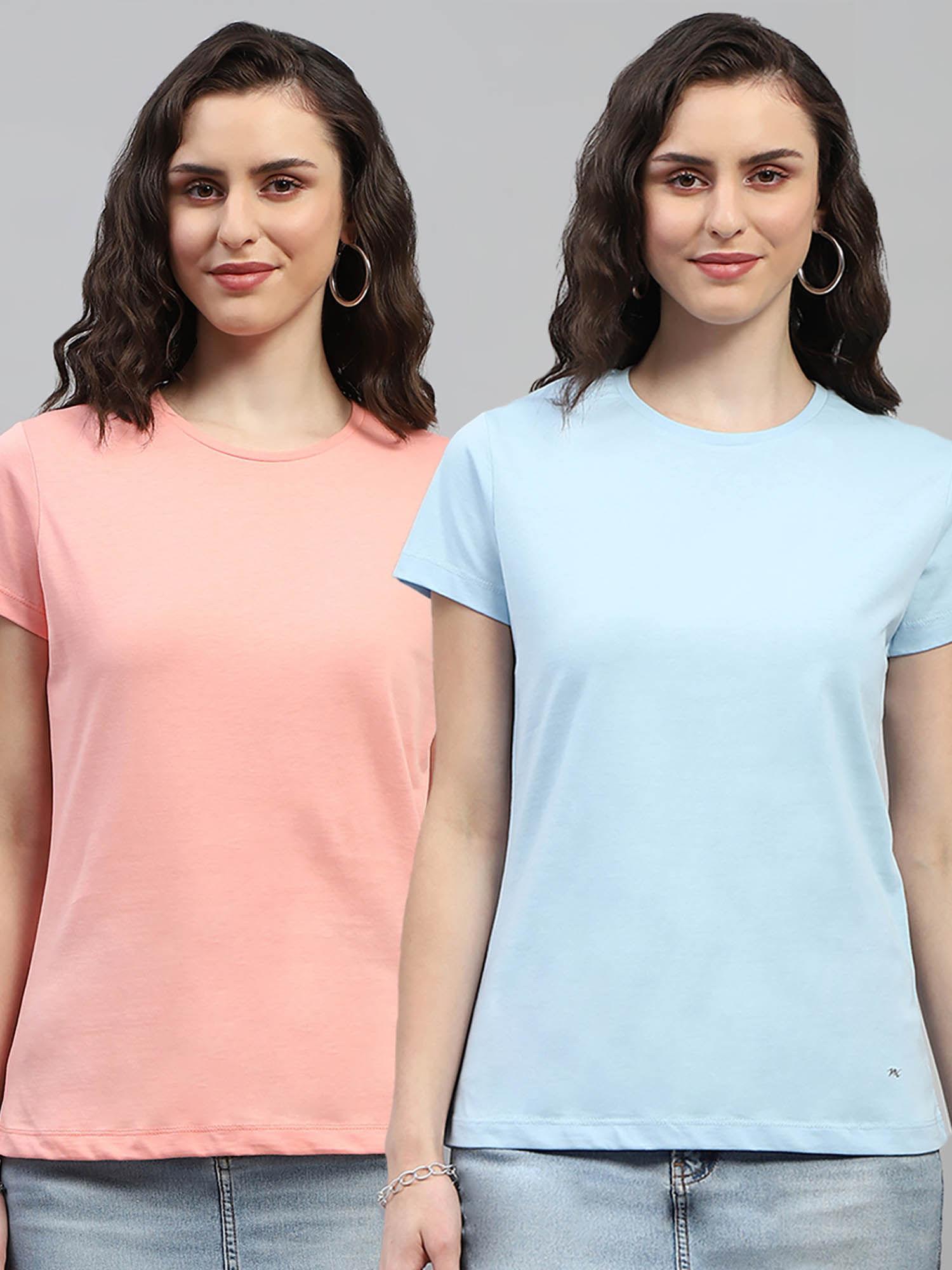 women multi-color solid half sleeves round neck tops (pack of 2)