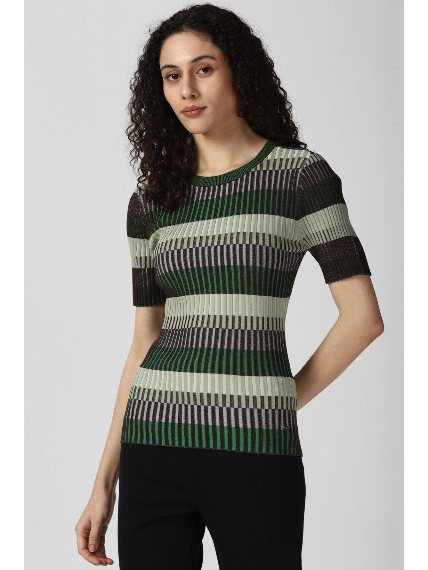 women multi color stripe casual round neck top