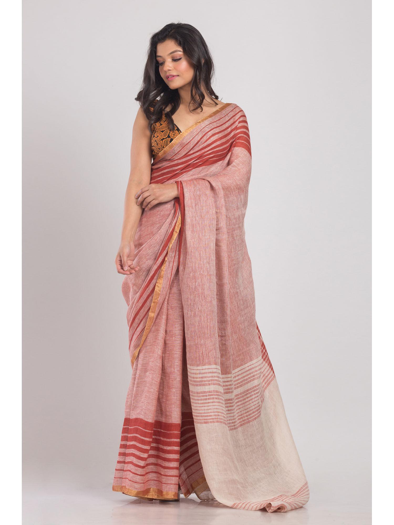 women multi-color stripes linen saree with unstitched blouse