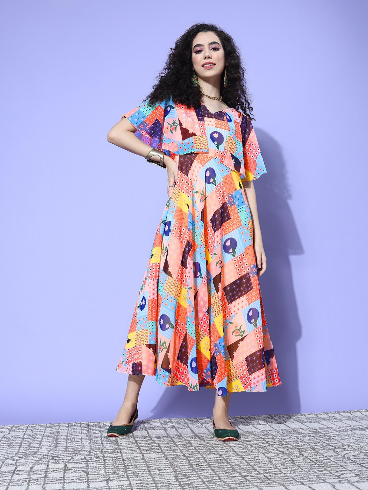 women multi colour abstract printed v-neck a-line maxi dress