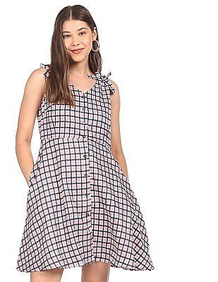 women multi colour v-neck check dress