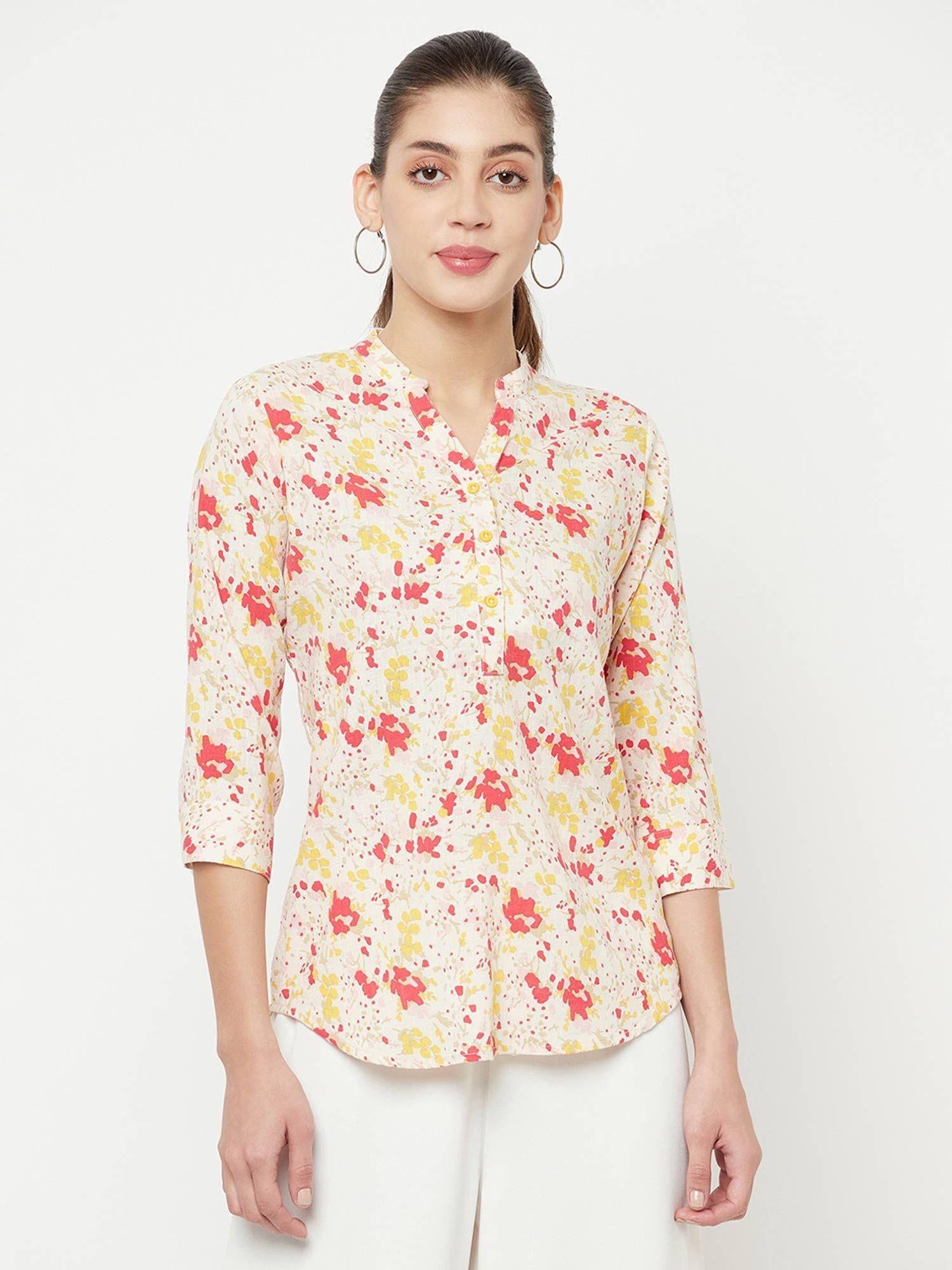 women multi-coloured floral printed mandarin neck shirt